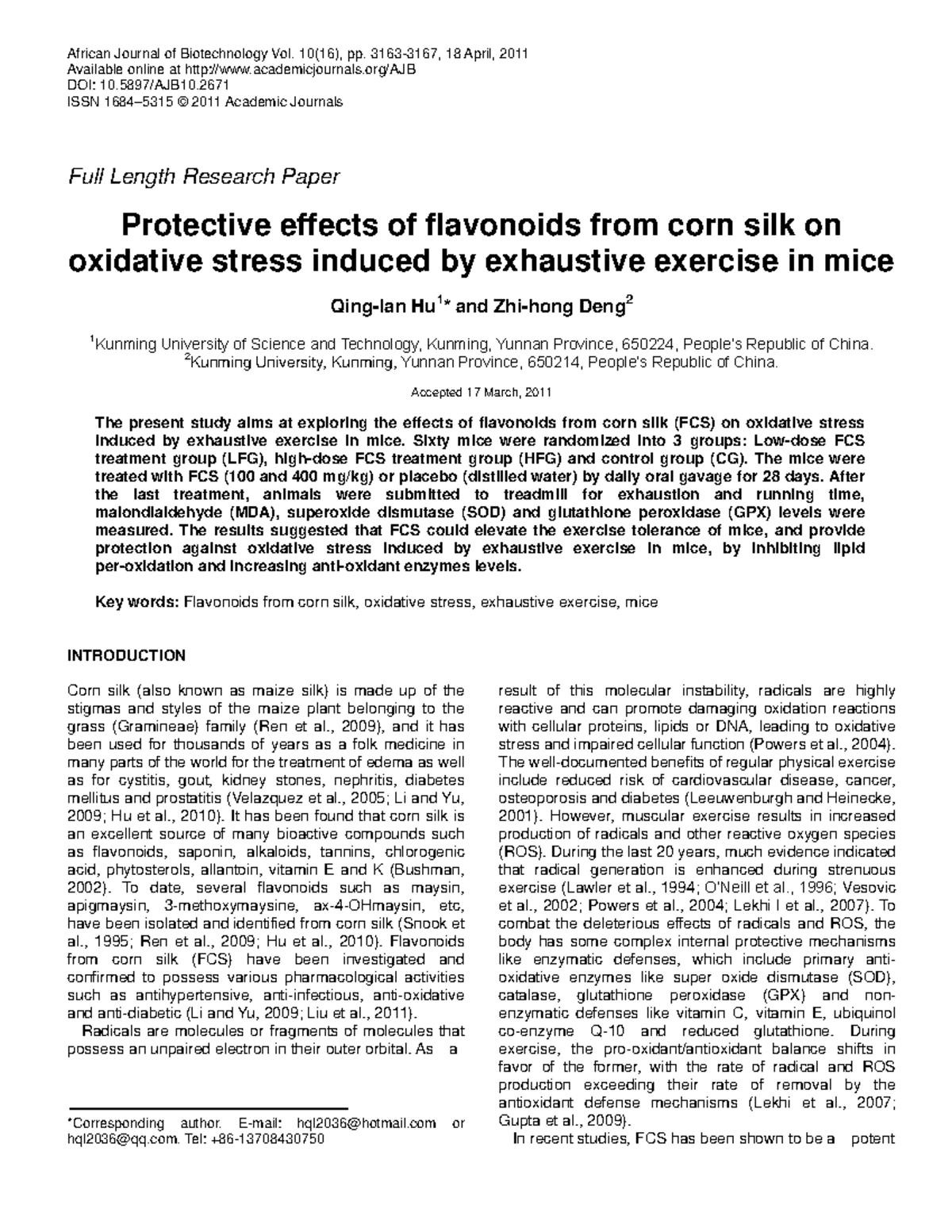 Protective Effects of Flavonoids from Corn Silk on Oxidative Stress in ...