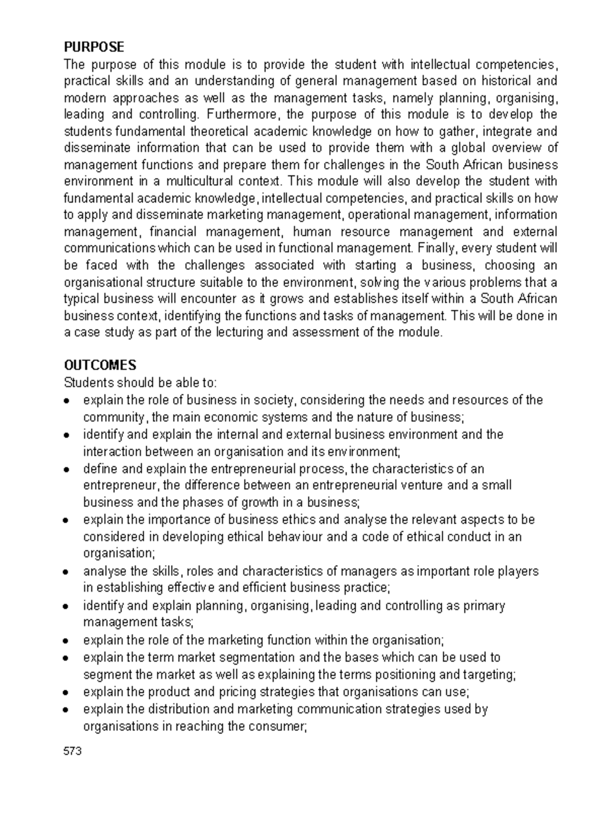 Management Module Overview and Outcomes (Course Code: 573) - Studocu