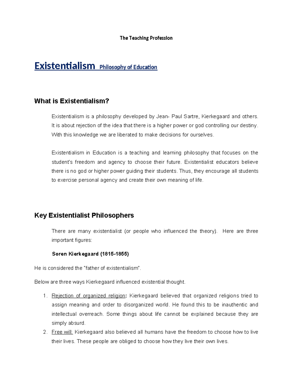 Existentialism in Education: Insights for Educators and Students - Studocu