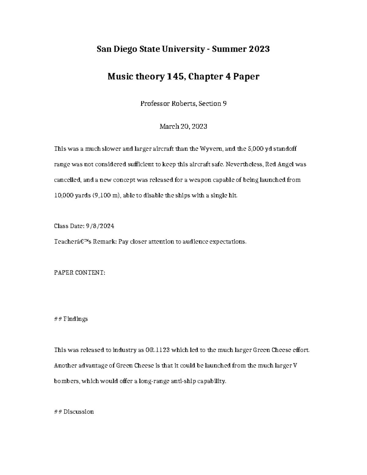 Music Theory 145 Chapter 4 Analysis Paper - Spring 2023 - Studocu