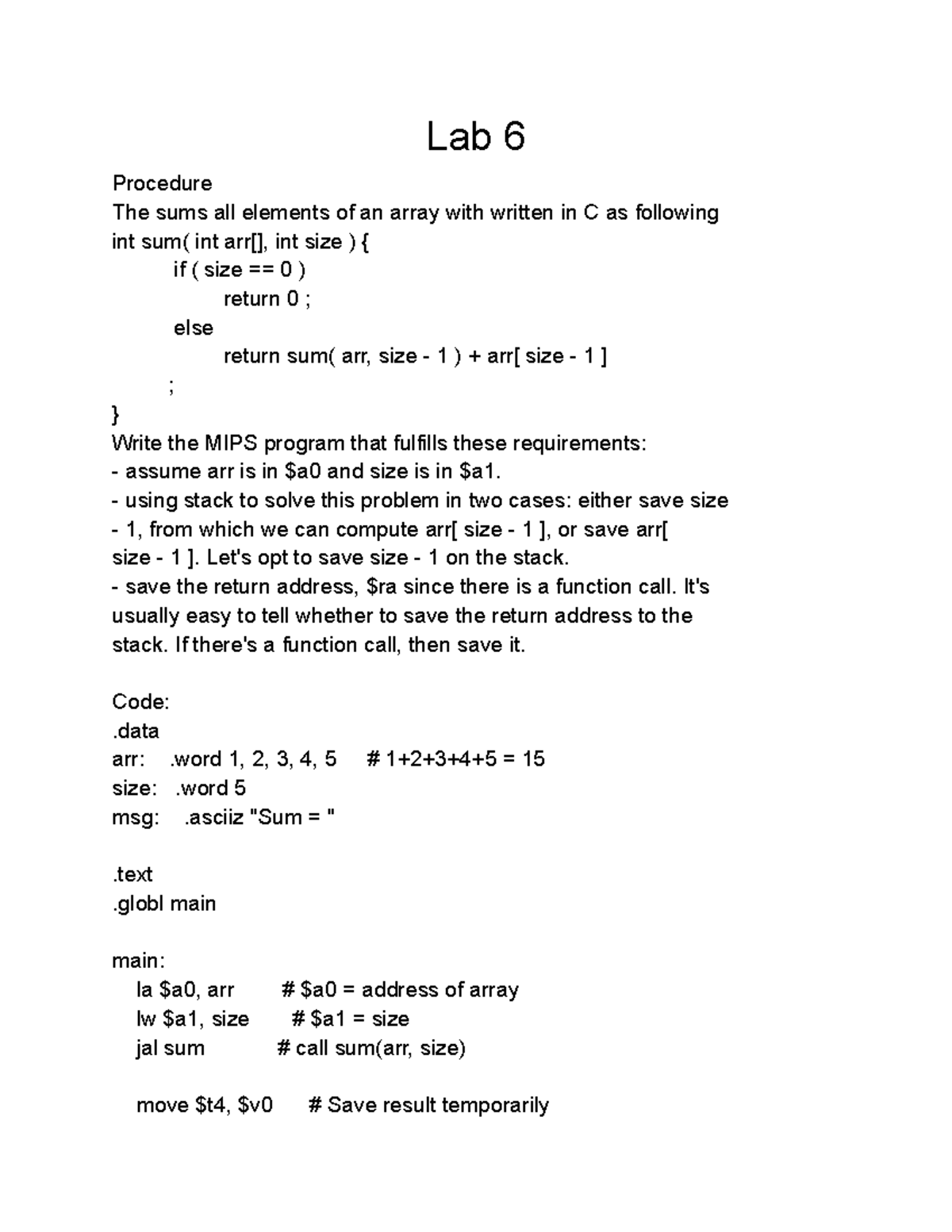 Lab 6 Procedure: Summing Array Elements in MIPS - ITCSIU 24031 - Studocu