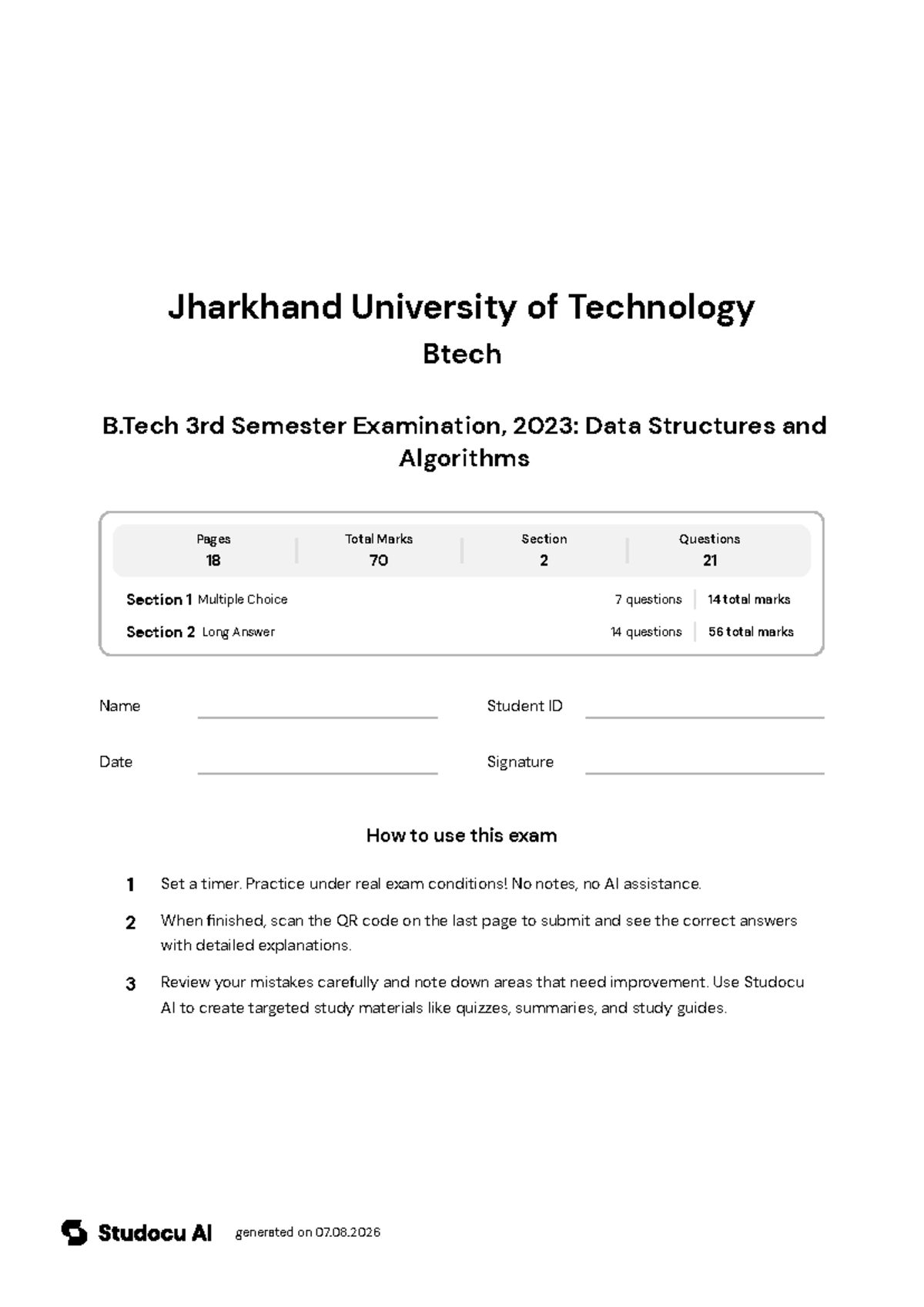 B.Tech 3rd Sem Exam 2023: Data Structures & Algorithms - Studocu