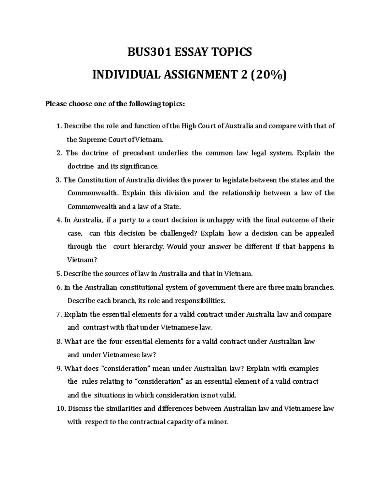 BUS301 ESSAY TOPICS FOR INDIVIDUAL ASSIGNMENT 2025 - Studocu