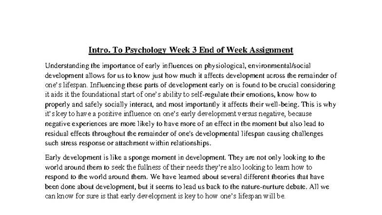 Intro. to Psychology PSY101 Week 3 Assignment: Early Development ...