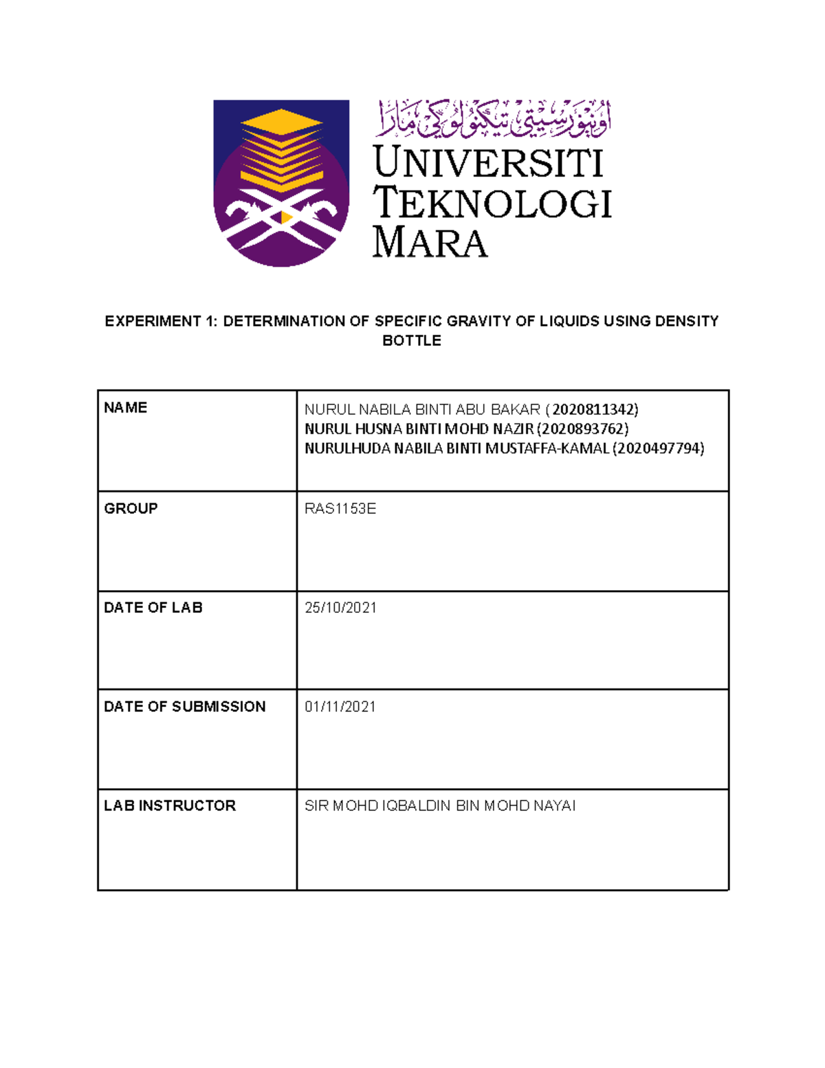 Lab Report on Specific Gravity Determination CMT267 - Studocu