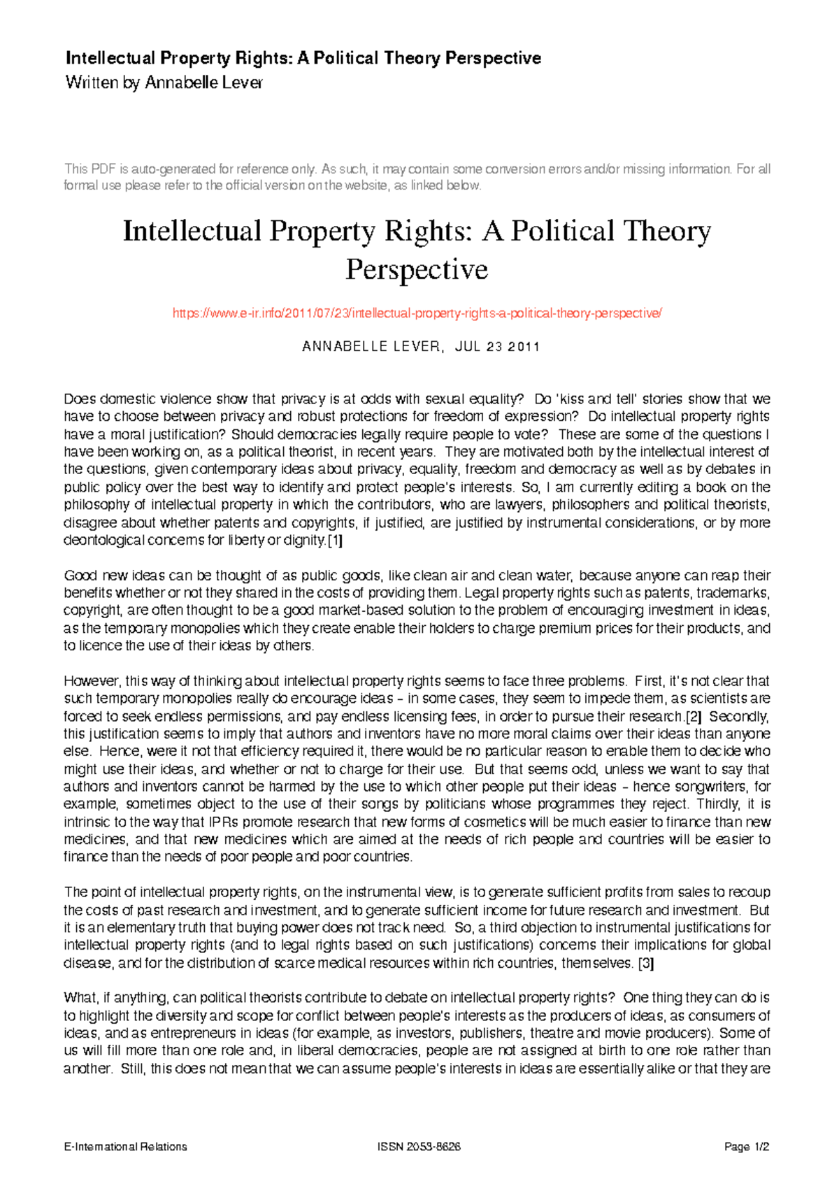 Intellectual Property Rights: A Political Theory Analysis - Studocu