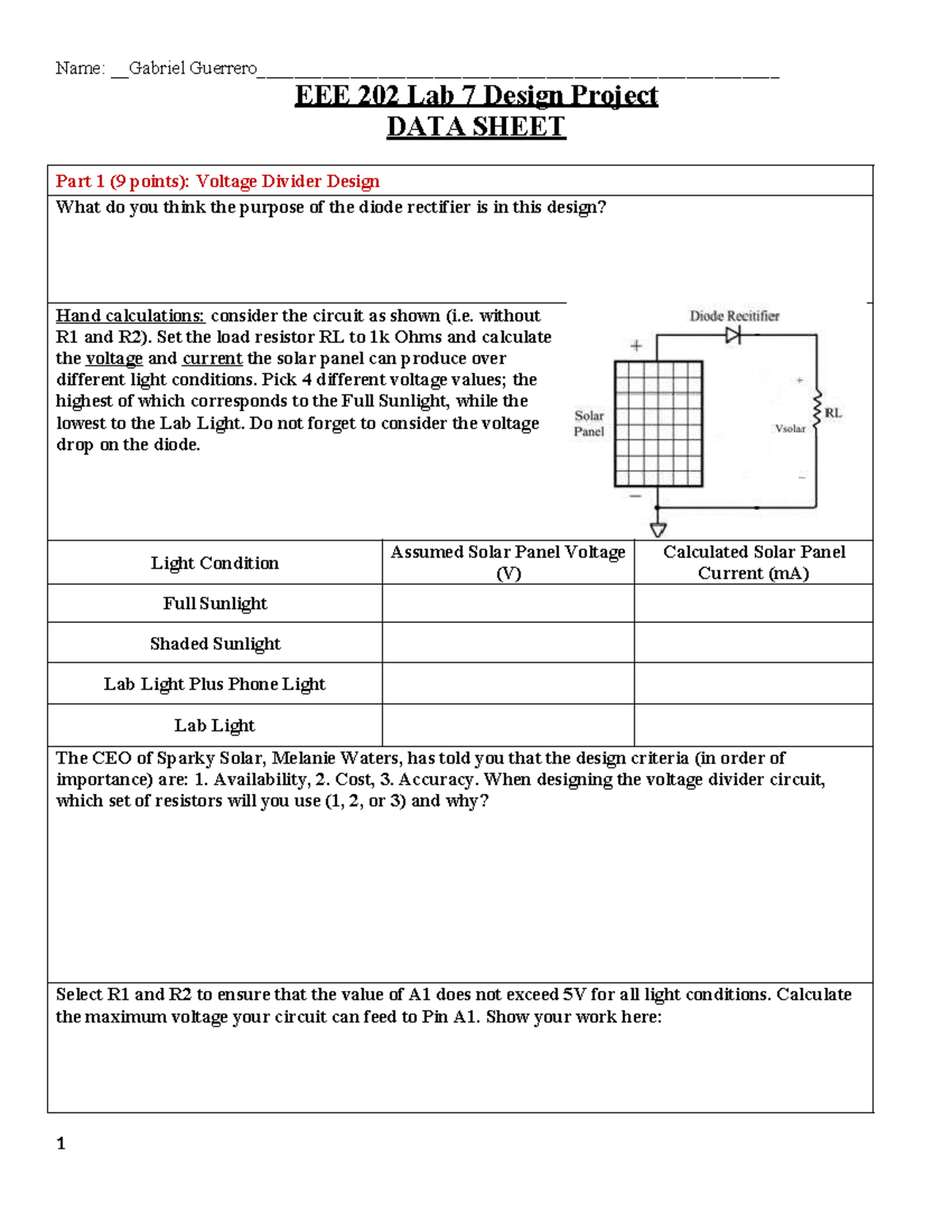 EEE 202 Lab 7 Design Project Data Sheet: Voltage Divider & Circuit ...
