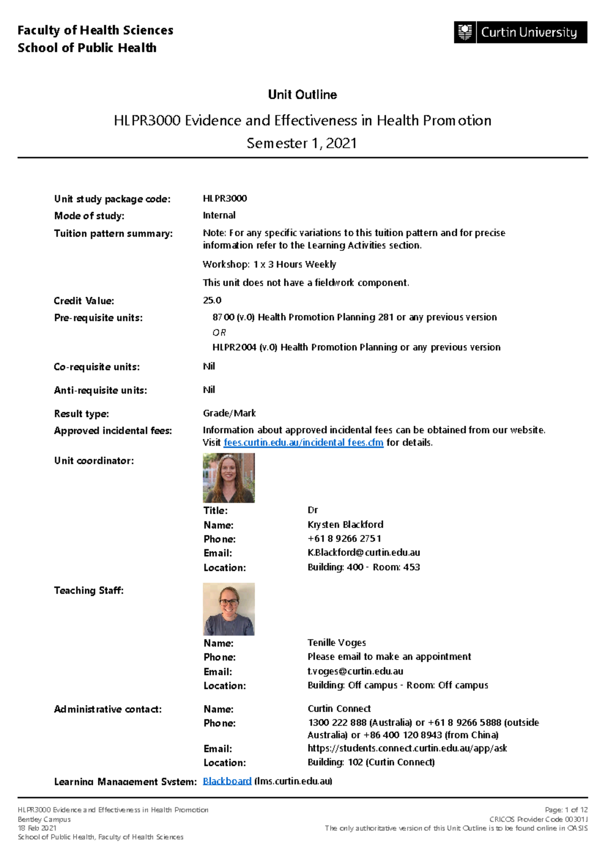 HLPR3000 Evidence & Effectiveness in Health Promotion Unit Outline S1 ...