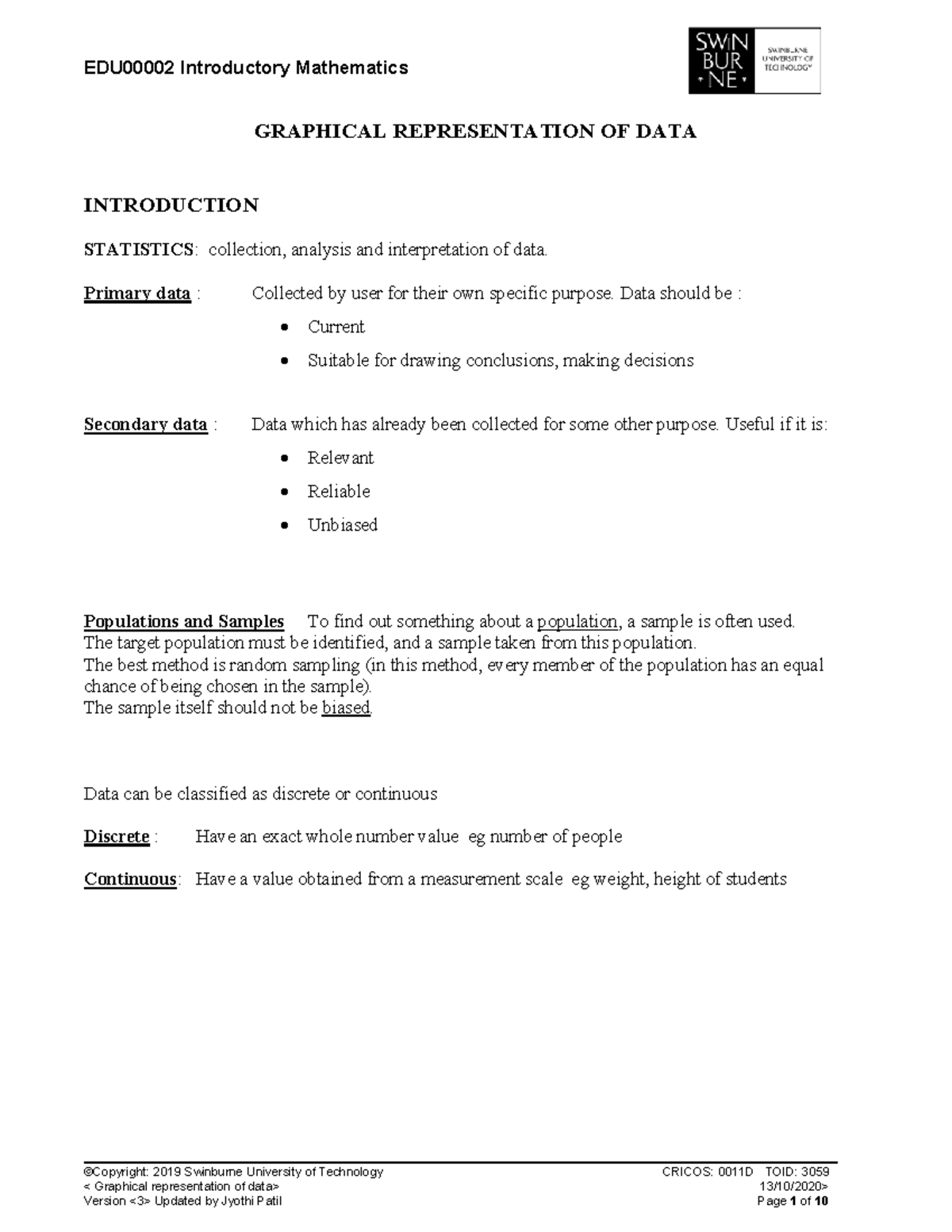 Graphical Representation of Data: Lecture Notes for STAT101 - Studocu