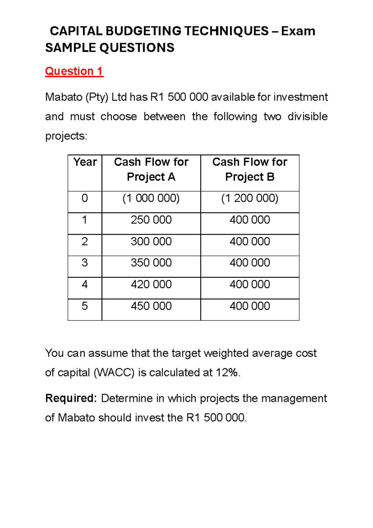 Capital Budgeting Techniques - Sample Exam Questions (Exam 2023) - Studocu