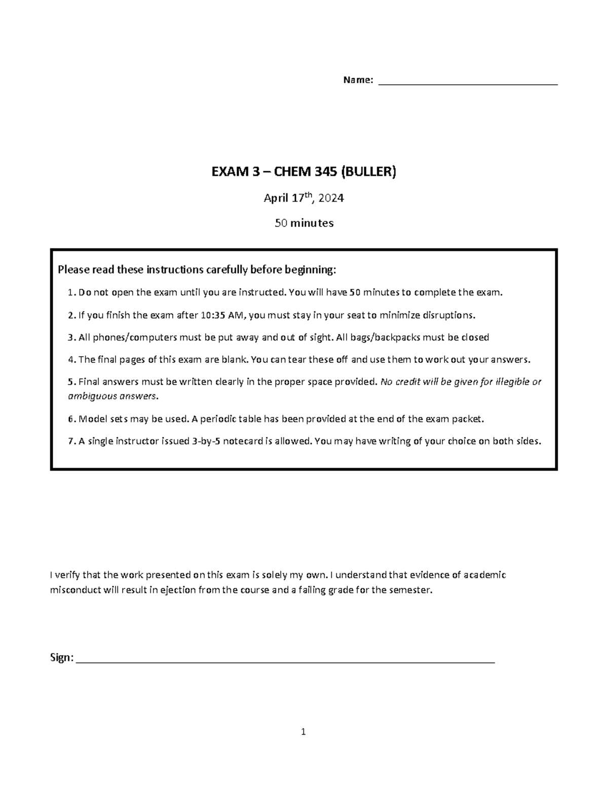 CHEM 345 Exam 3 Study Guide - April 2024 (BULLER) - Studocu