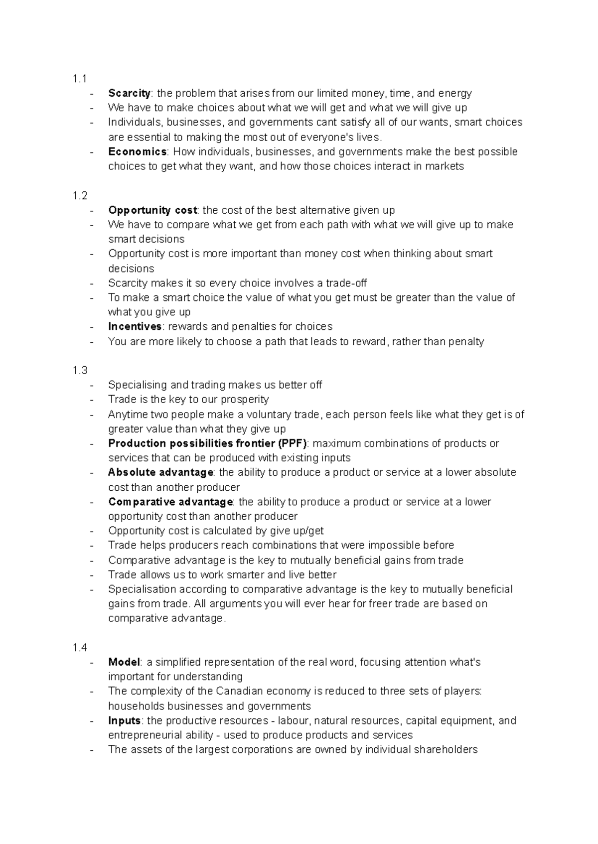 ECON-1000 Brief Textbook Notes Chapter 1 and 2 - 1. Scarcity: the ...