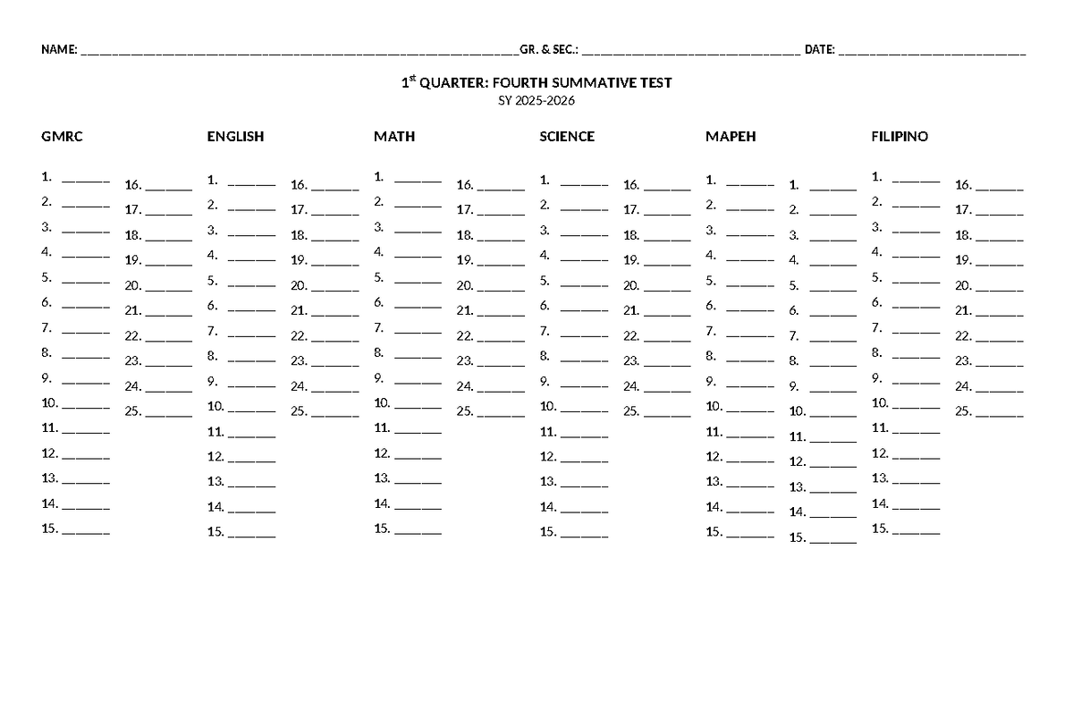 1st Quarter Summative Test Answer Sheet - SY 2025-2026 - Studocu