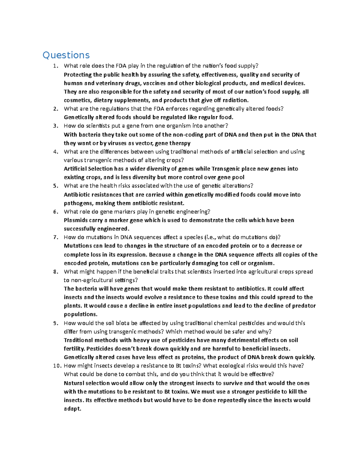 FDA Regulations and Genetic Engineering Questions for BIO 101 - Studocu