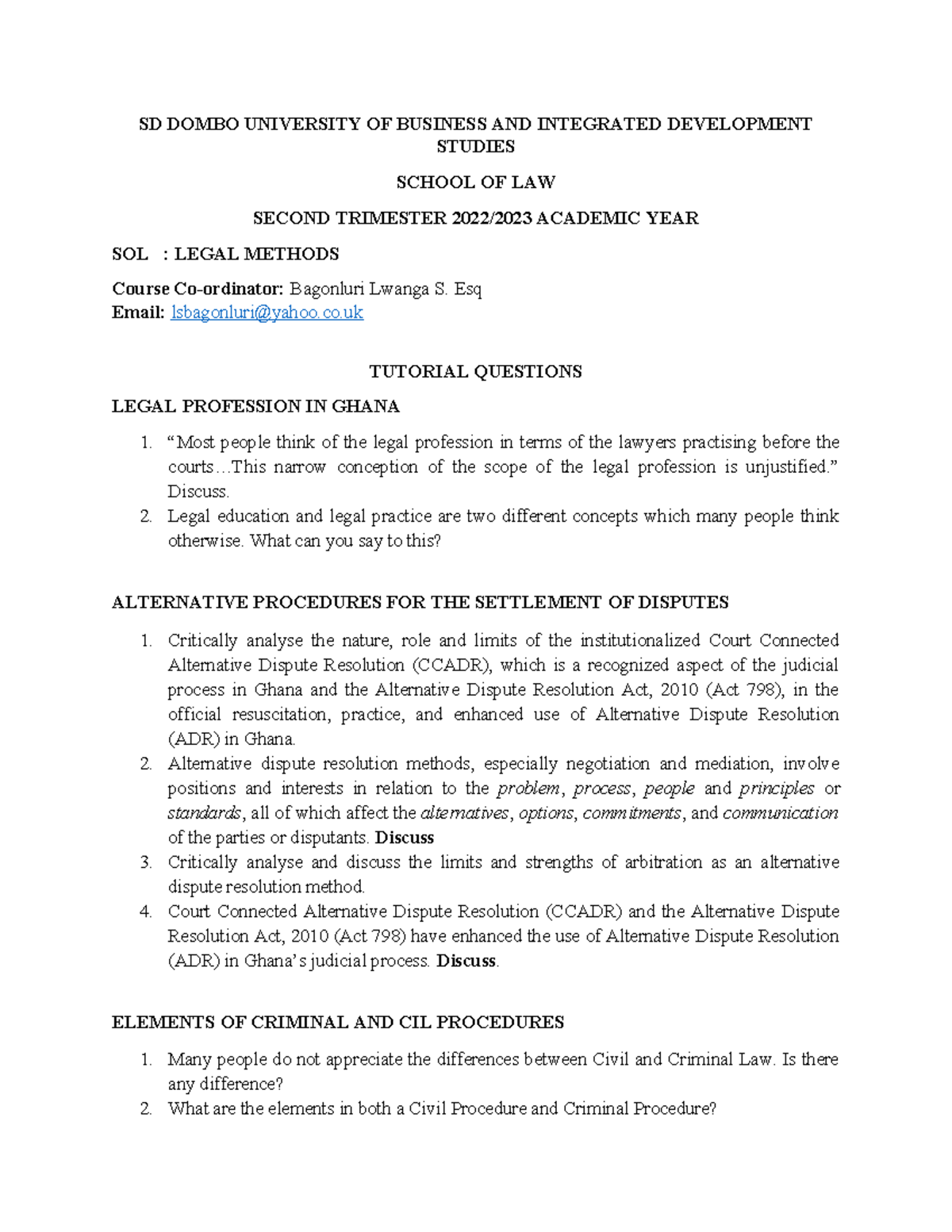 Legal Methods - Tutorial Questions 1 (SOL 2022/2023) - Studocu
