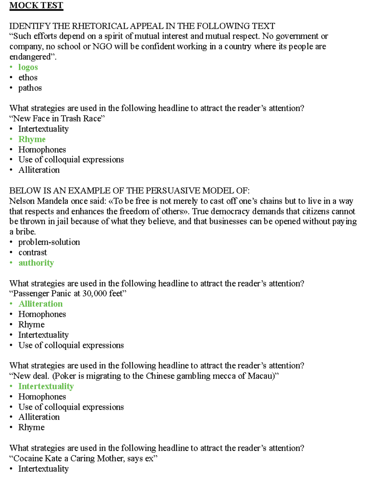 Mock Test: English Rhetoric Strategies for Int'l Relations (ENG 101 ...