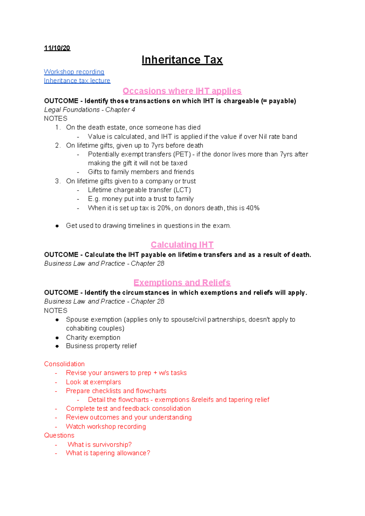 Inheritance Tax Notes - Key Concepts and Calculations Overview - Studocu