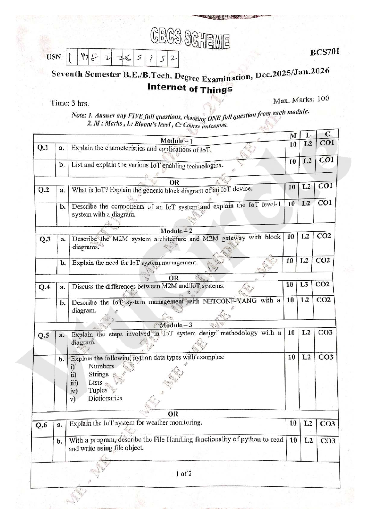 BCS701 Seventh Sem Exam: Internet of Things Regular Paper - Studocu