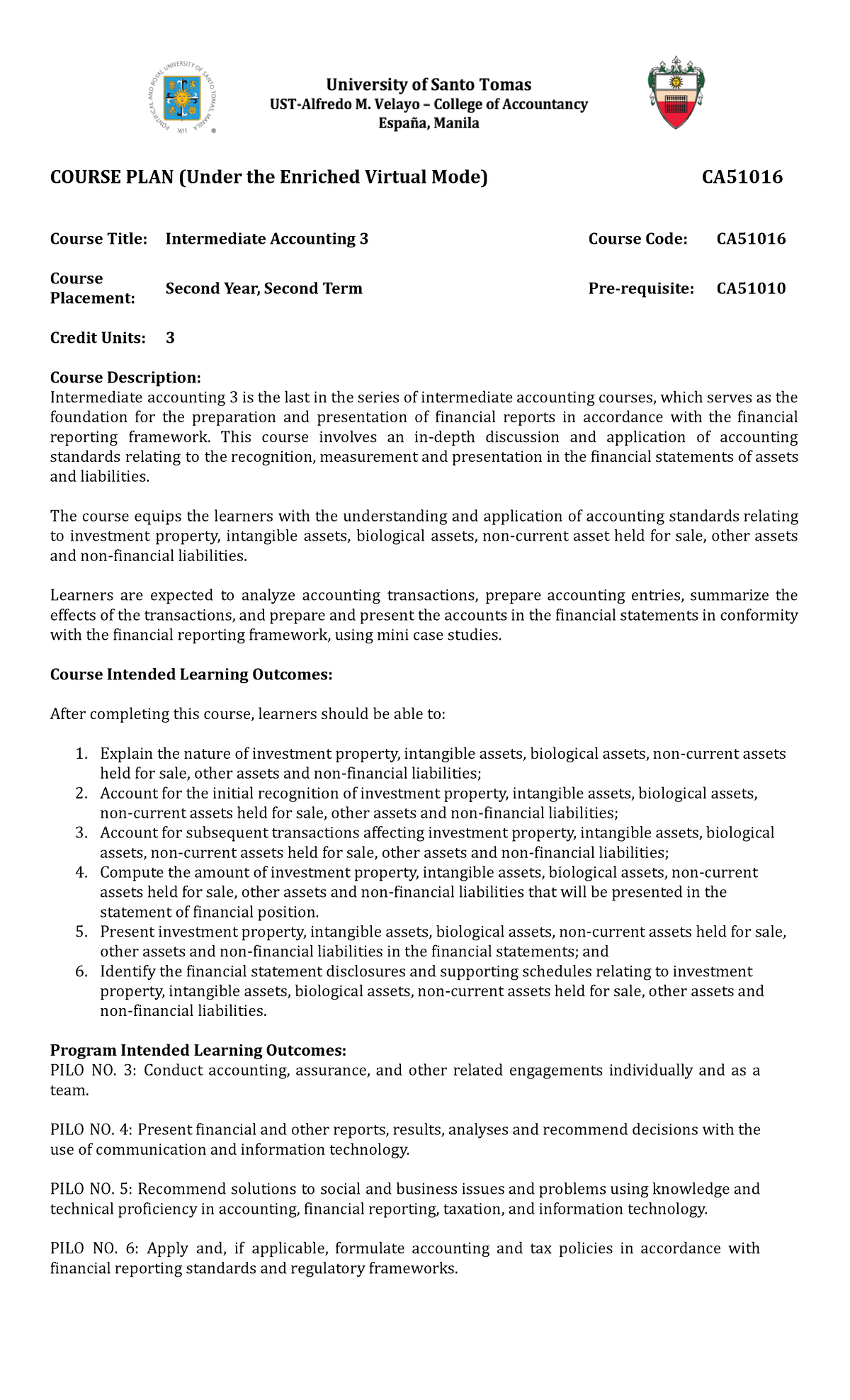 INTACC 3 Course Plan: Intermediate Accounting & Financial Reporting ...