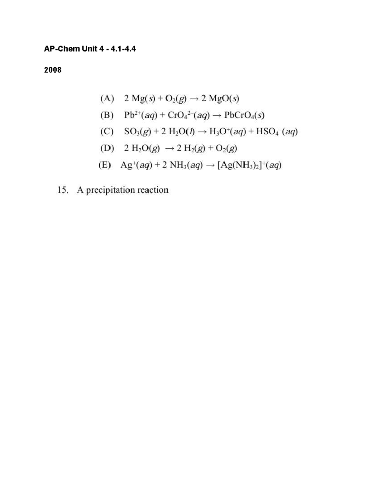 AP-Chem Unit 4: Reactions, Stoichiometry, and Precipitation Analysis ...