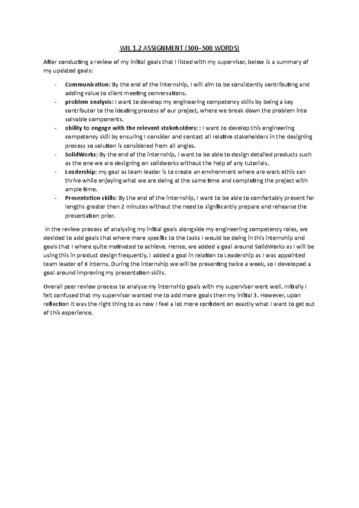 WIL 1.2 Internship Goals and Reflection Assignment Analysis - Studocu