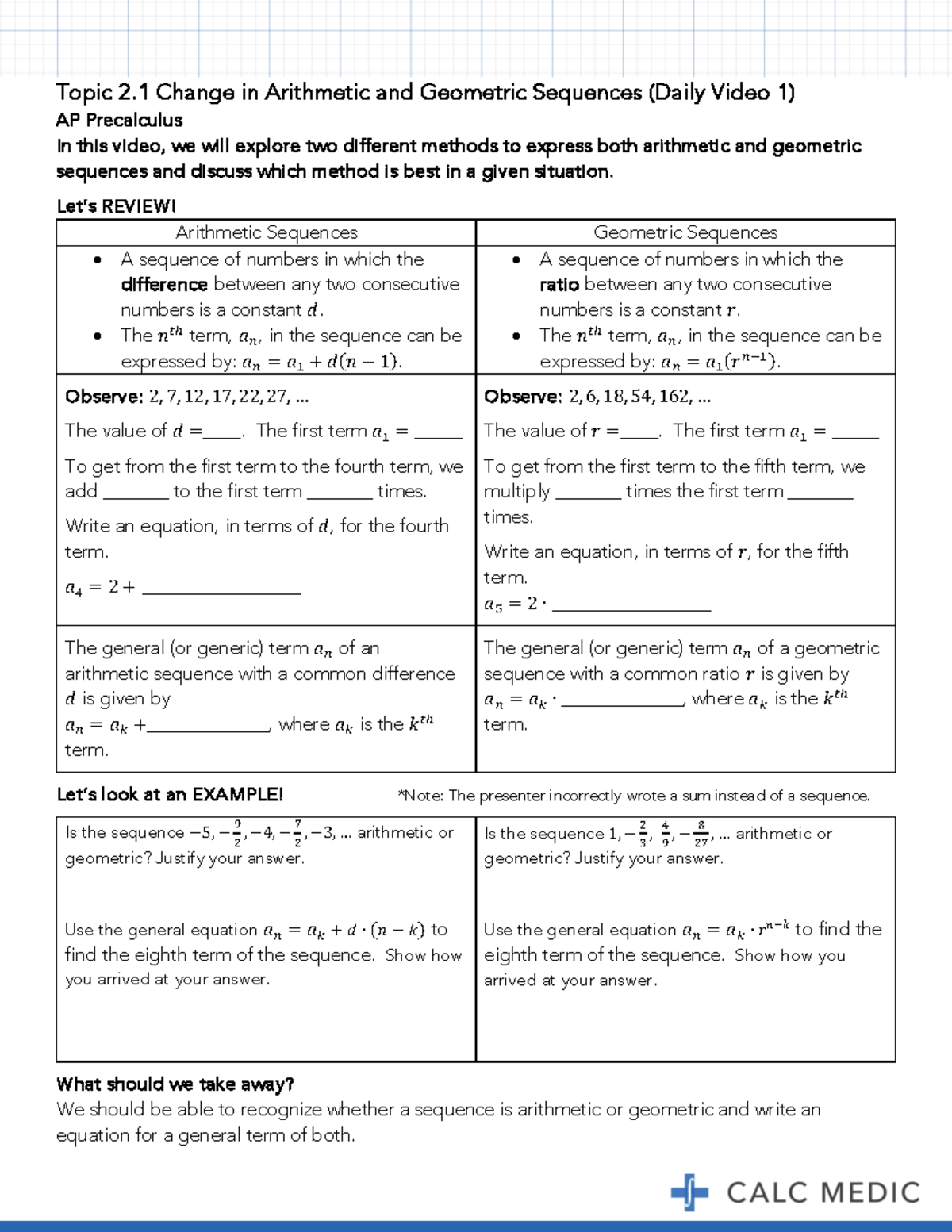 2.1-2.6 Daily Video Guided Notes - Topic 2 Change in Arithmetic 