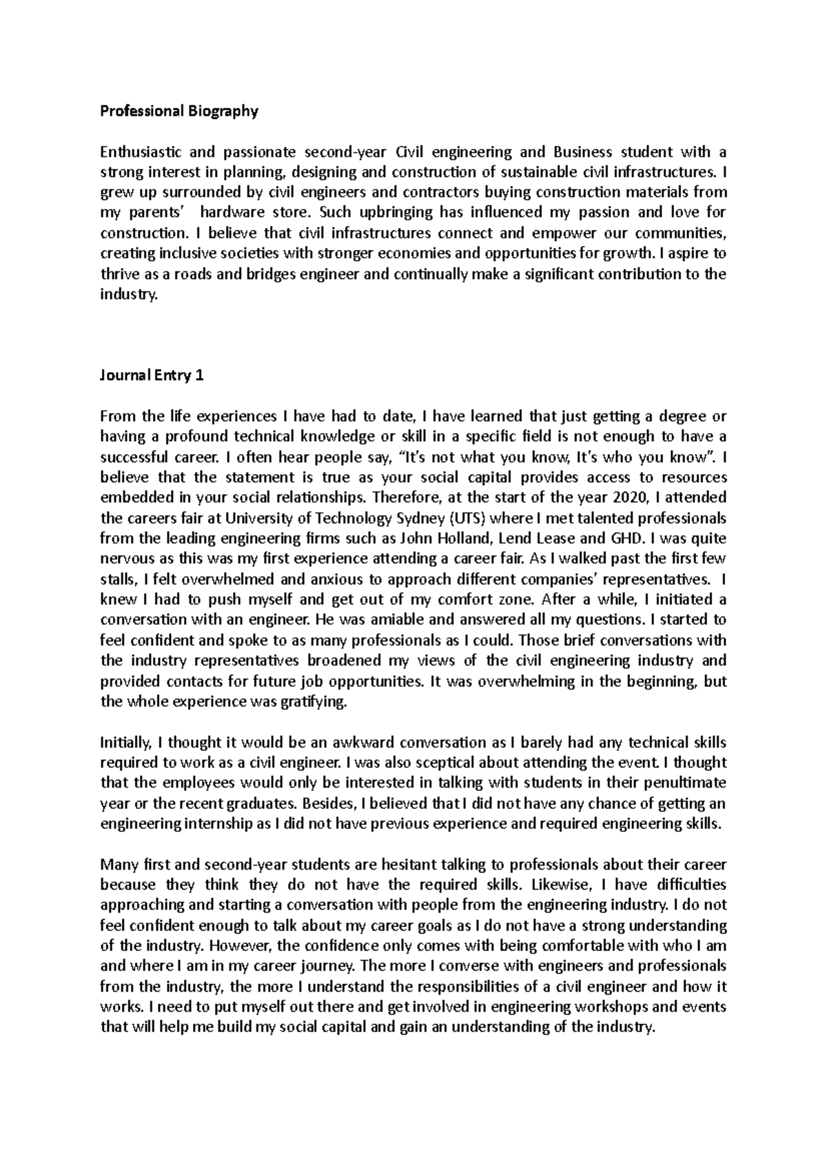 EPP1 Professional Biography and Networking Reflections - Studocu