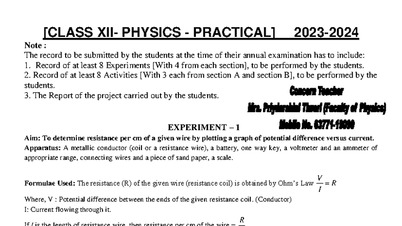 XII Physics Practical Record 2023-24: Experiments & Activities - Studocu