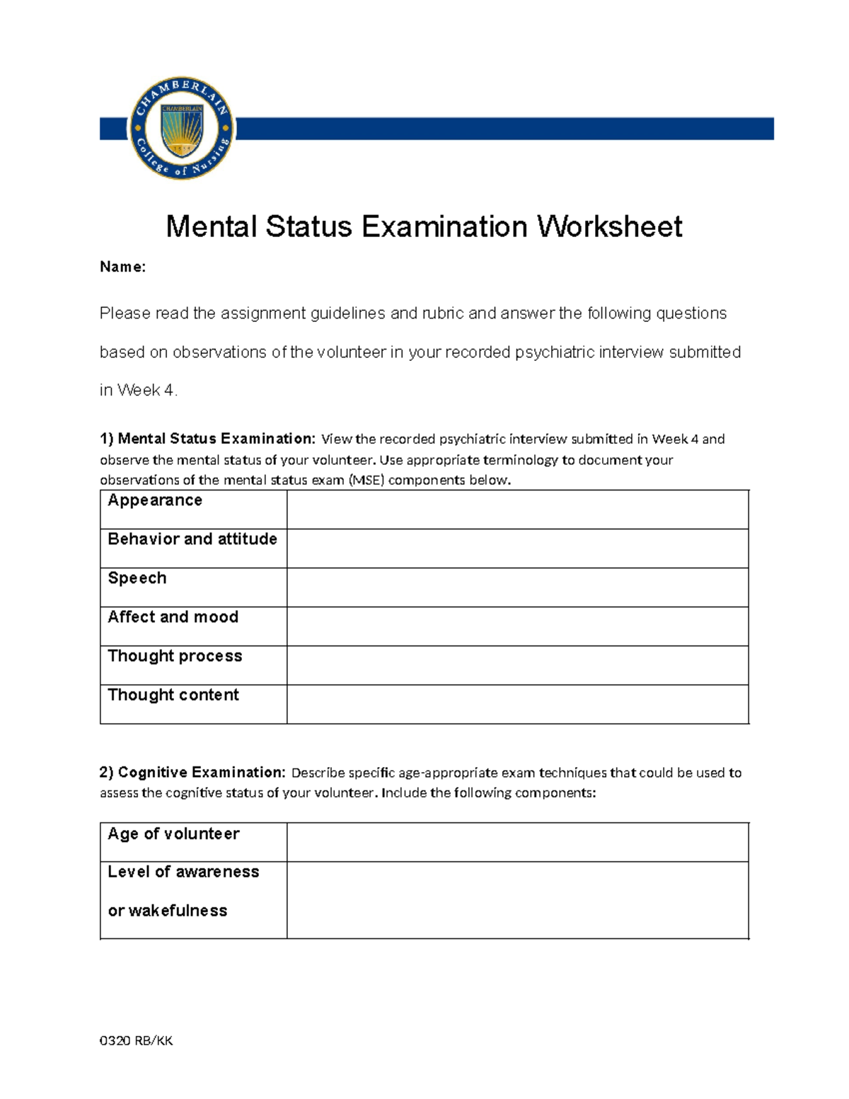 NR548 MSE Worksheet: Guidelines for Psychiatric Interview Analysis ...