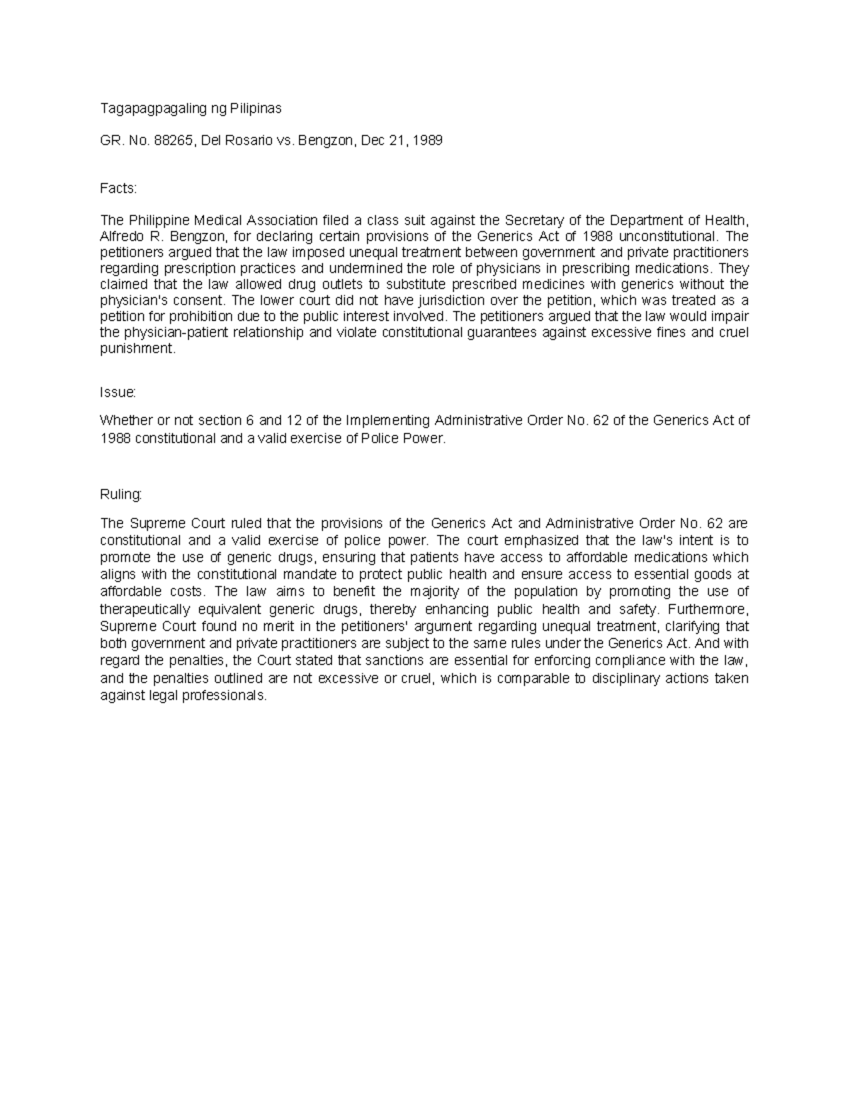 GR No. 88265: Del Rosario vs. Bengzon - Generics Act Ruling Analysis ...