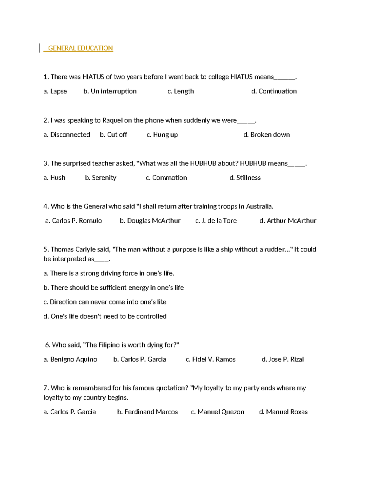 GEN-ED1 - General Education Quiz Questions and Answers - Studocu