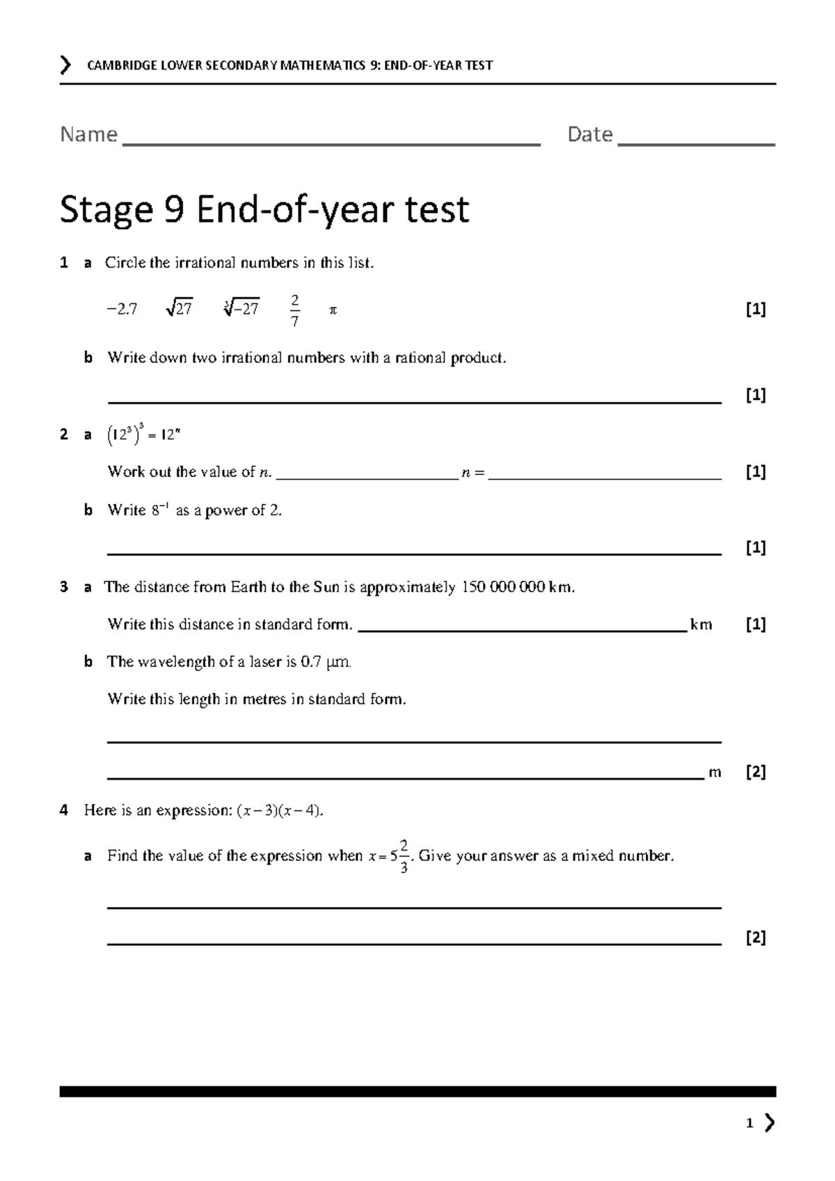 CAMBRIDGE LOWER SECONDARY MATHEMATICS 9: END OF YEAR TEST - Studocu