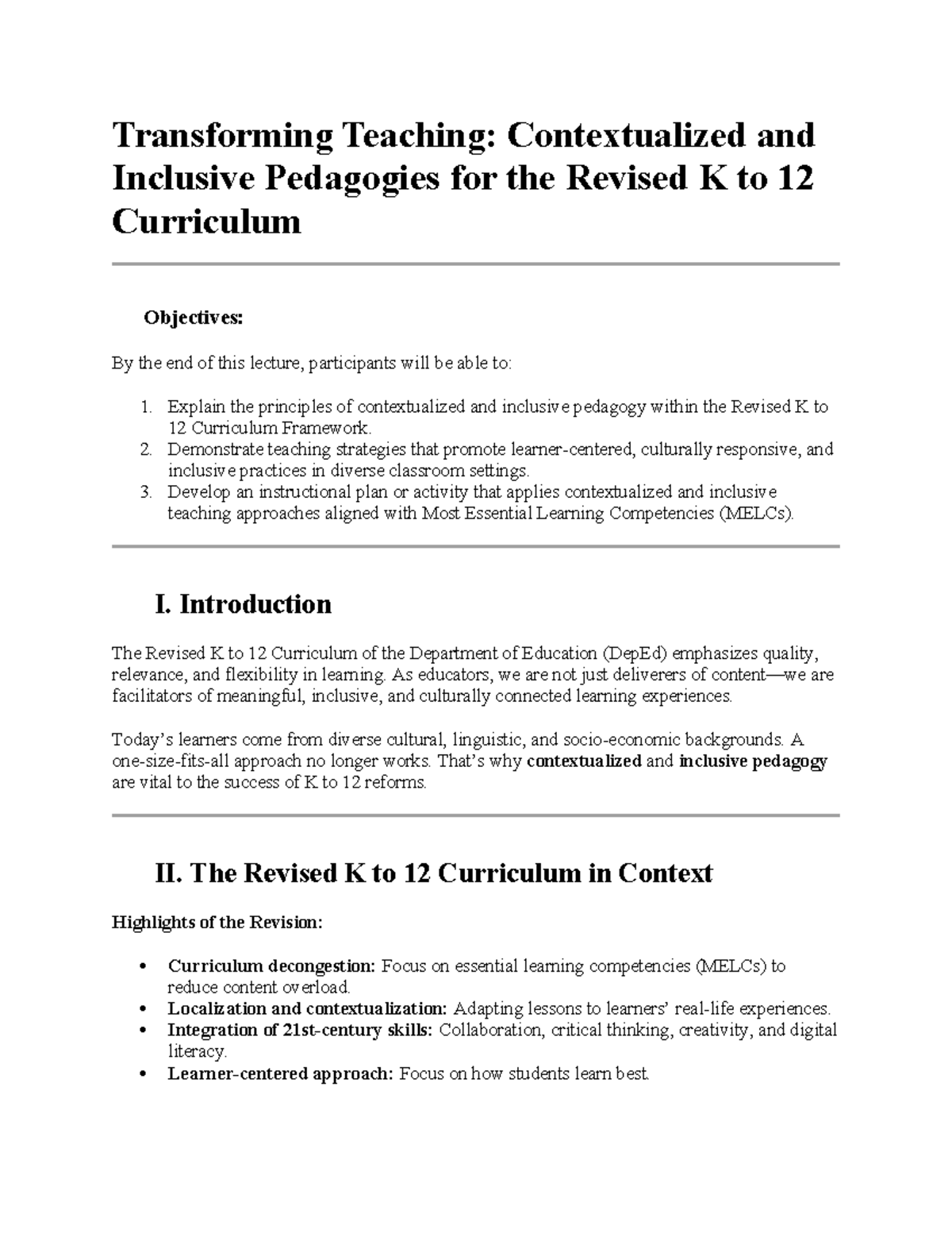 K to 12 Curriculum: Contextualized & Inclusive Pedagogy Lecture - Studocu