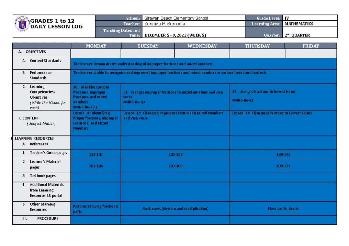 DLL ESP 4 Q2 W5 - DAILY LESSON PLAN - GRADES 1 to 12 DAILY LESSON LOG ...