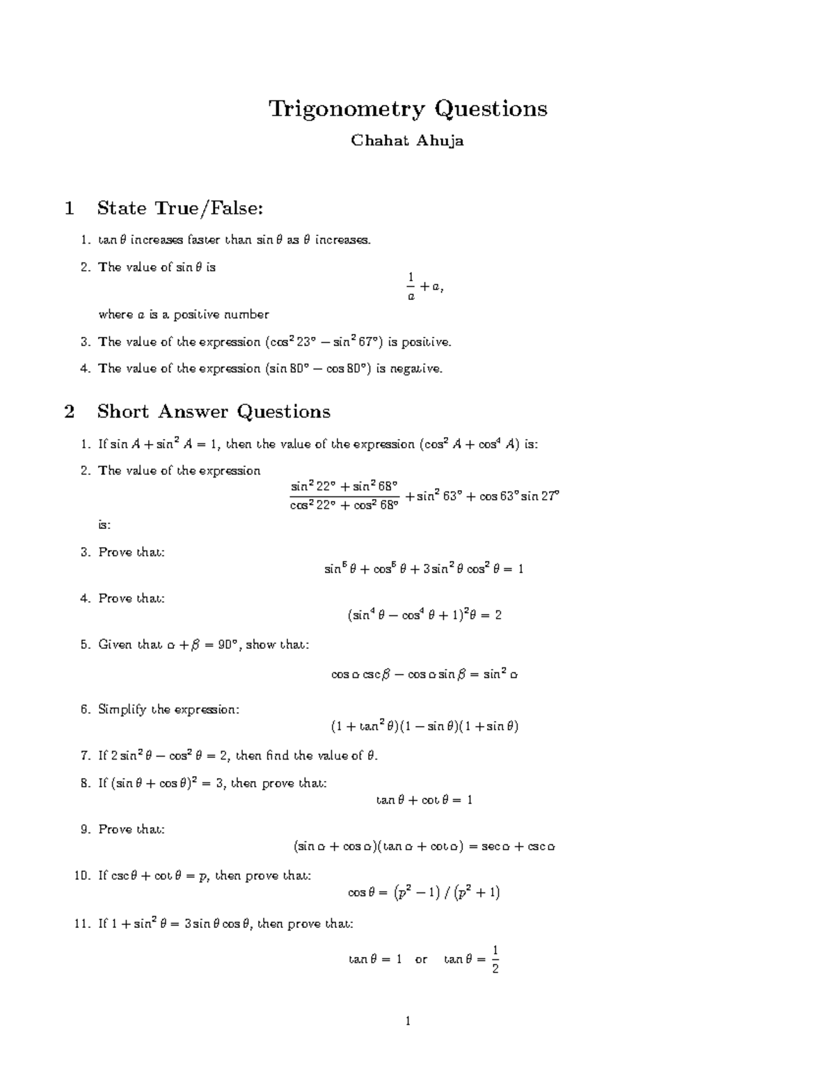 Trigonometry Practice Questions and Answers for Math Course - Studocu