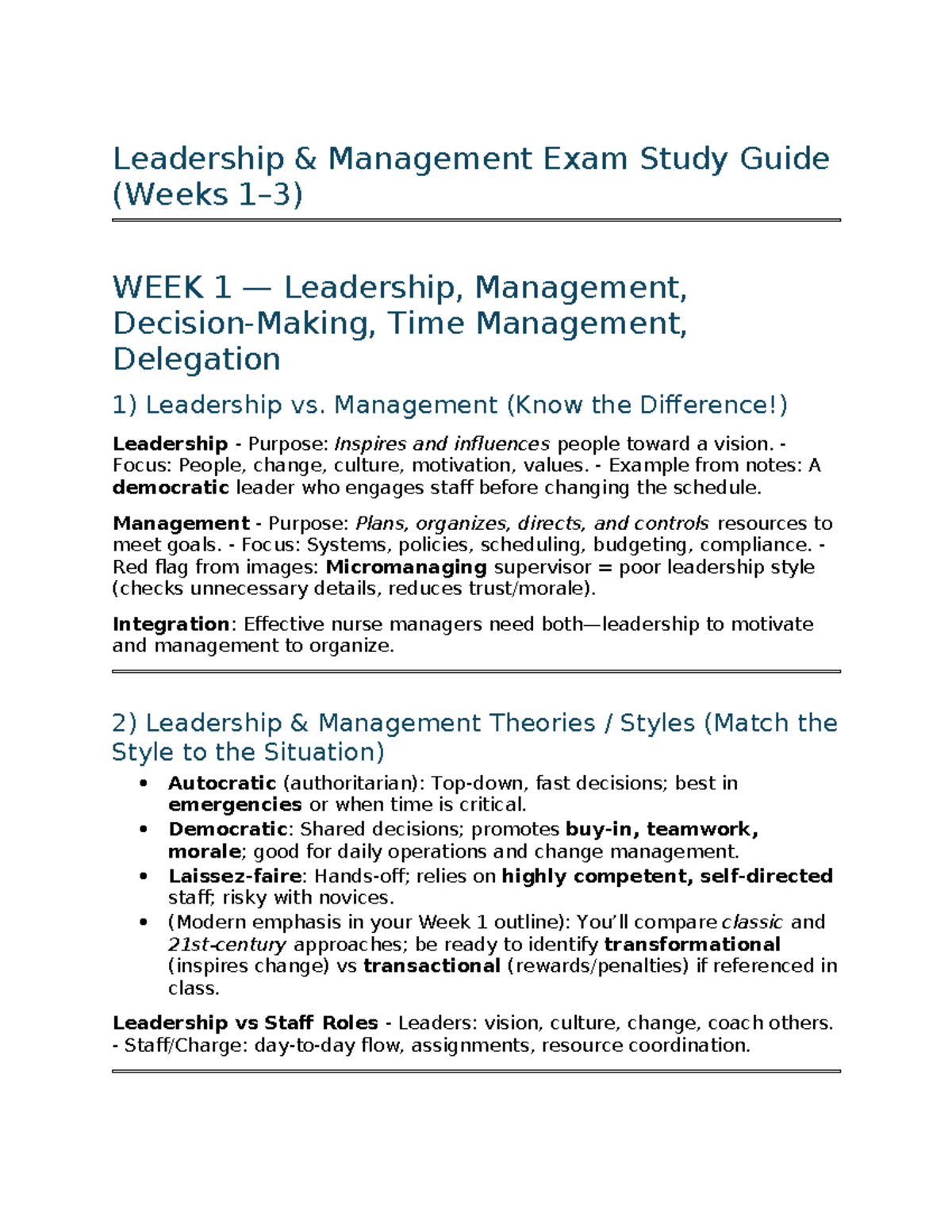 Leadership & Management Exam Study Guide (Weeks 1-3) - Chamberlain ...