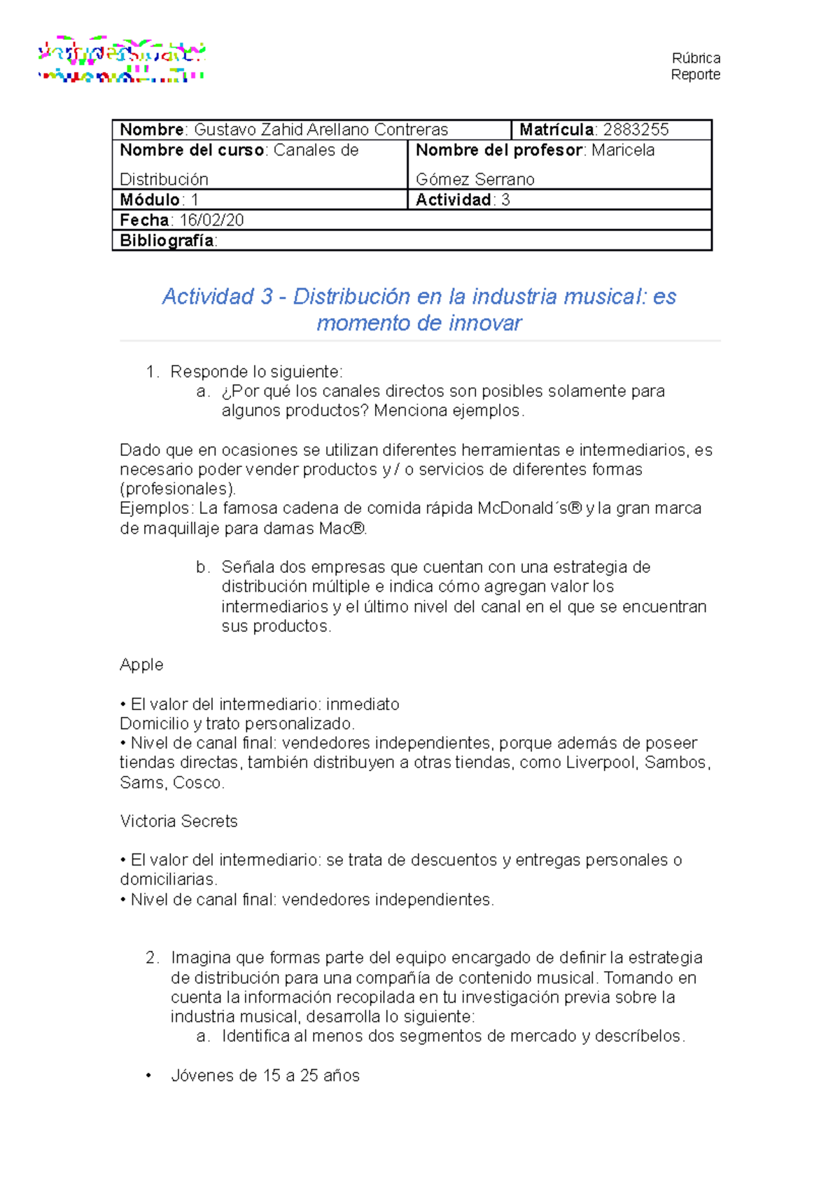 Act3 - Actividad 3 - Canales de distribución - Rúbrica Reporte Nombre ...
