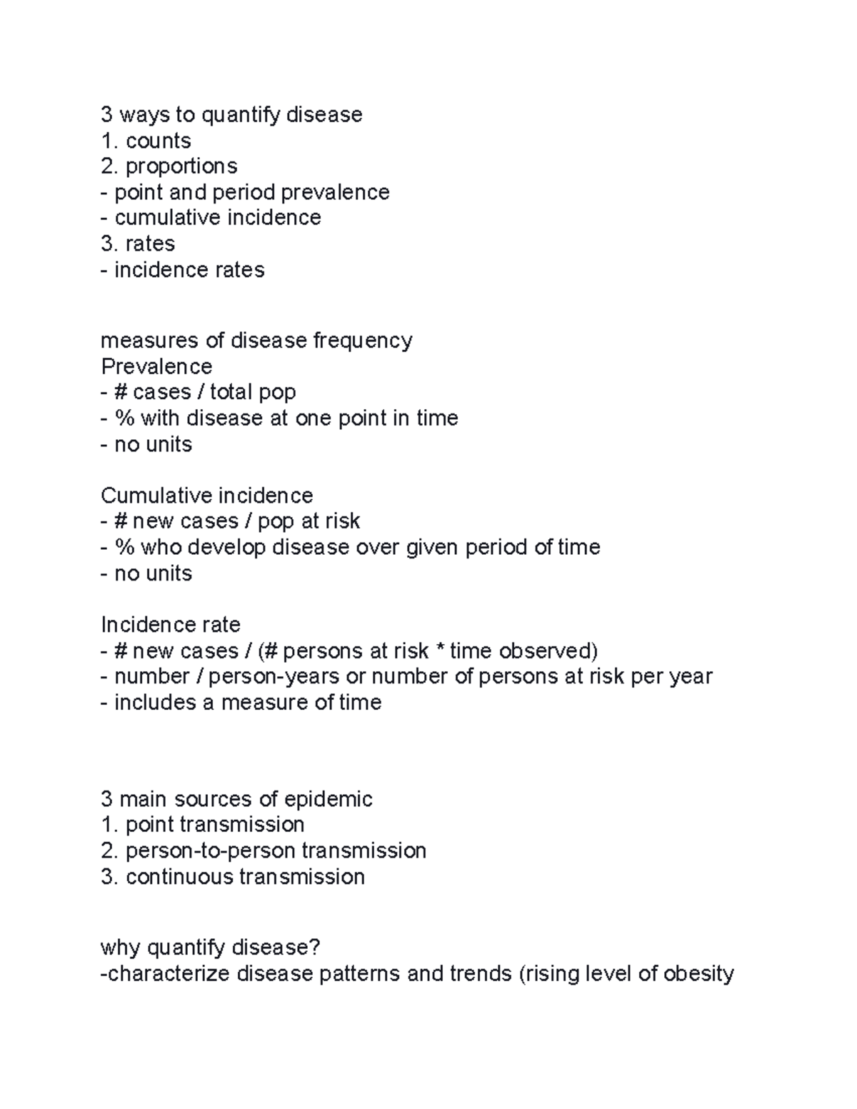 Epi - study guide - 3 ways to quantify disease counts proportions point ...