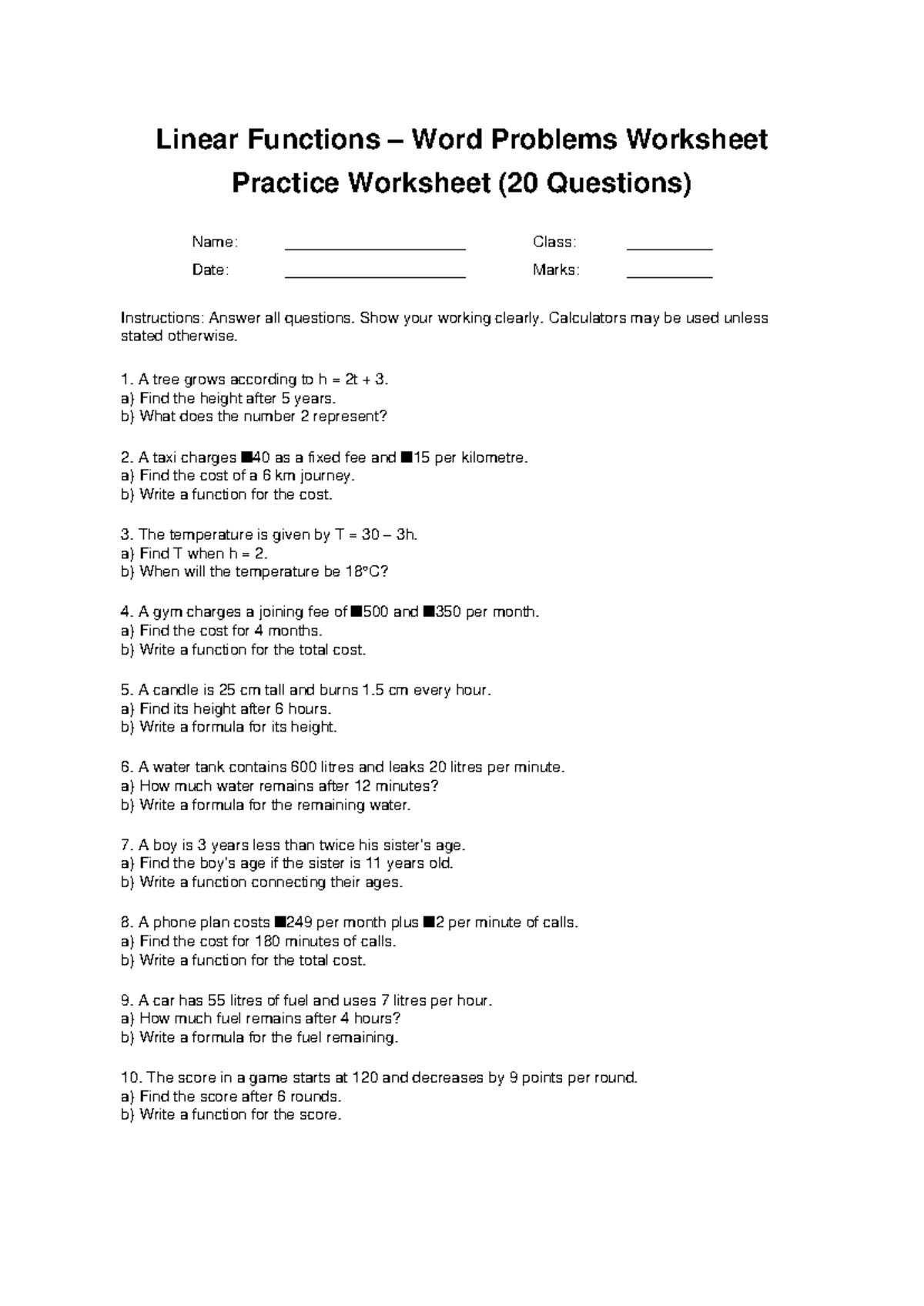 Linear Functions Word Problems Worksheet (20 Questions) - Studocu