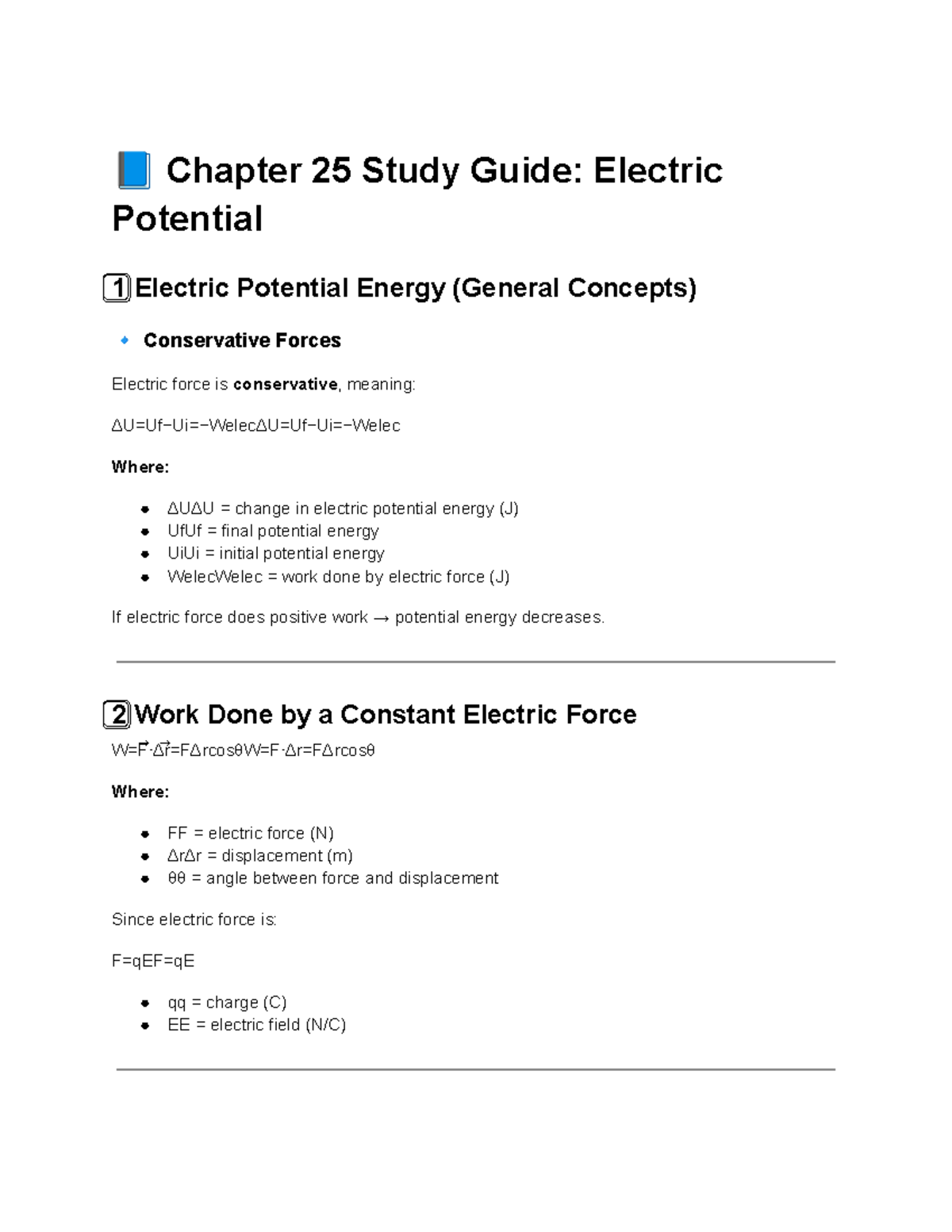Chapter 25 Study Guide: Electric Potential & Energy Concepts - Studocu