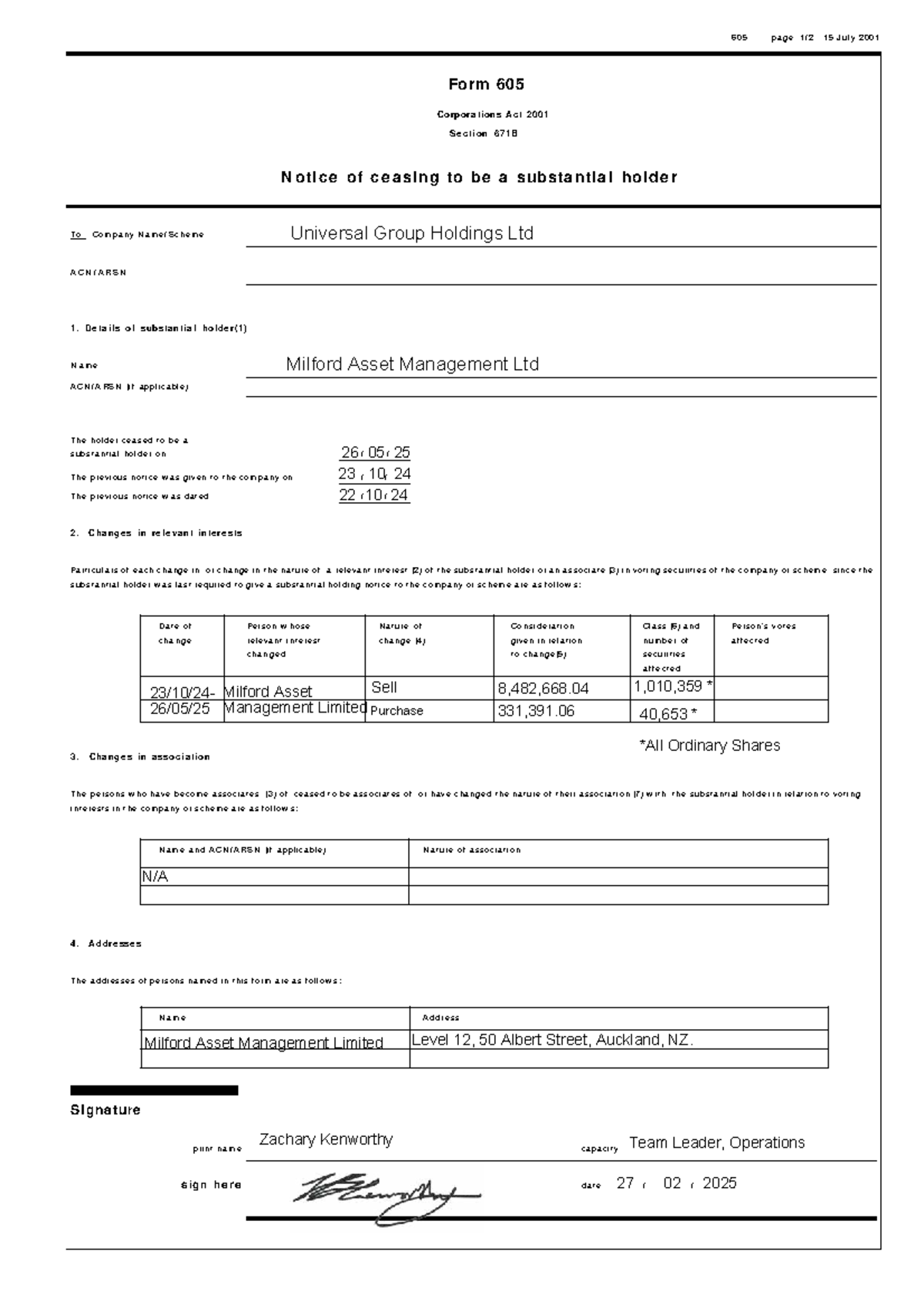 Form 605 notice of ceasing to be a substantial holder - 605 - Studocu