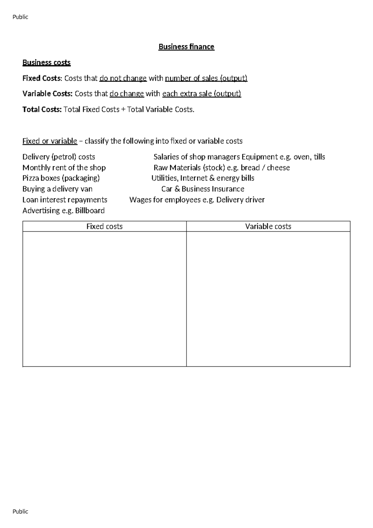 Finance Worksheet - OCR GCSE Business Studies Paper 2: Fixed & Variable ...