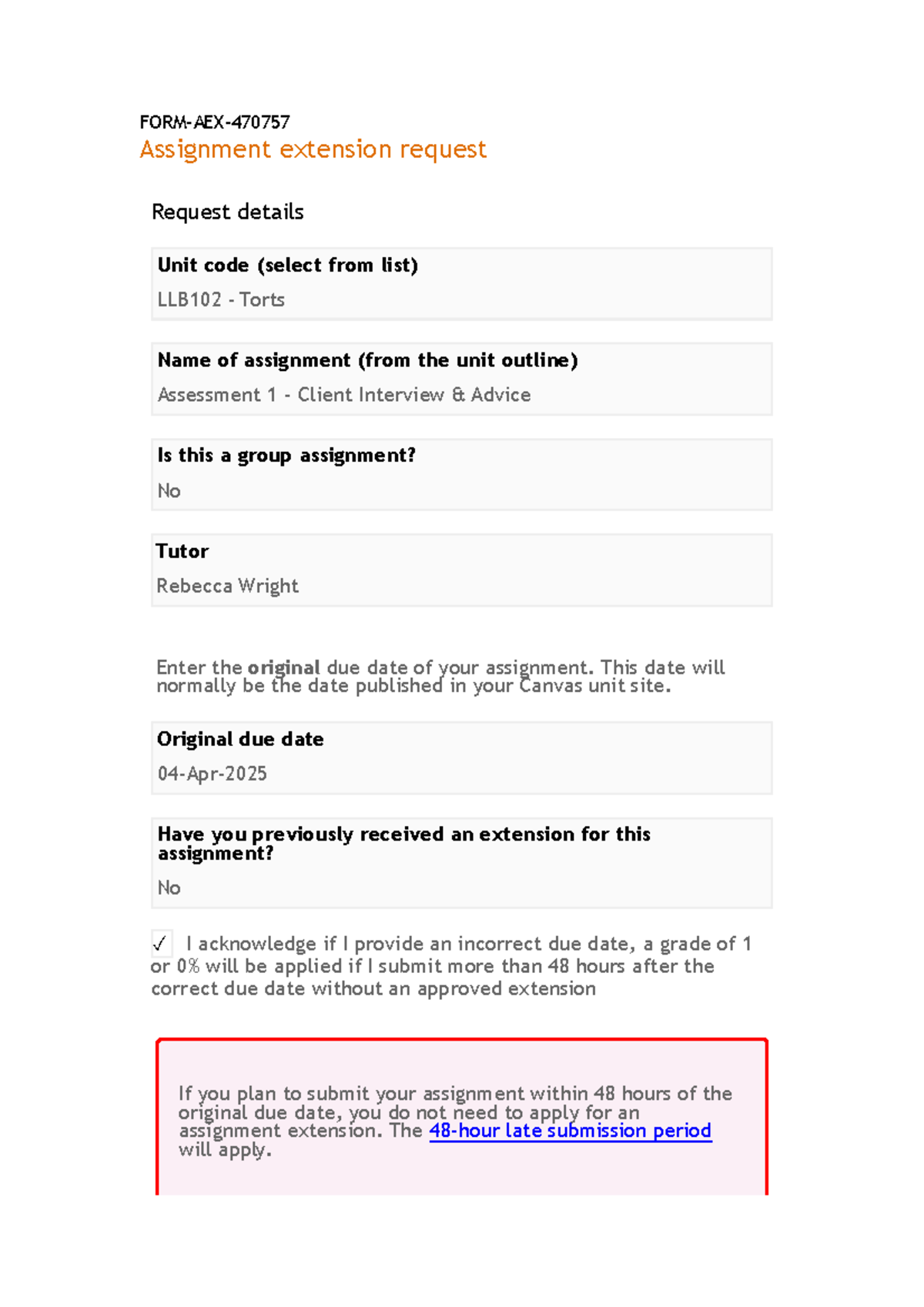 LLB102 Torts Assignment Extension Request for Assessment 1 - Studocu