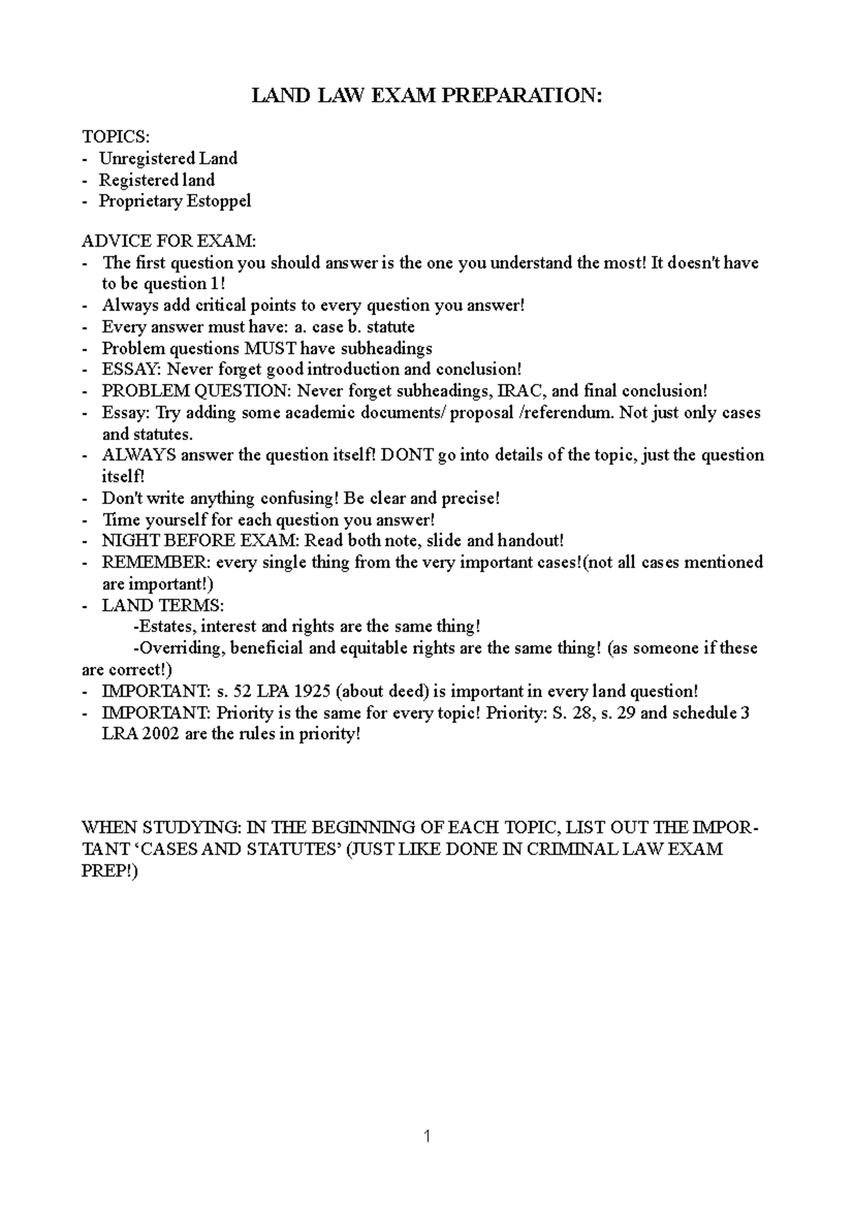 LAND LAW EXAM PREP (Final): Key Topics & Study Strategies - Studocu