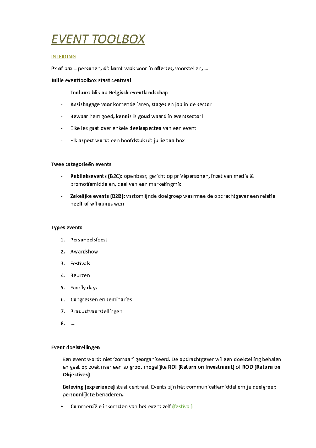 Event Toolbox. samenvatting docx - EVENT TOOLBOX INLEIDING Px of pax ...