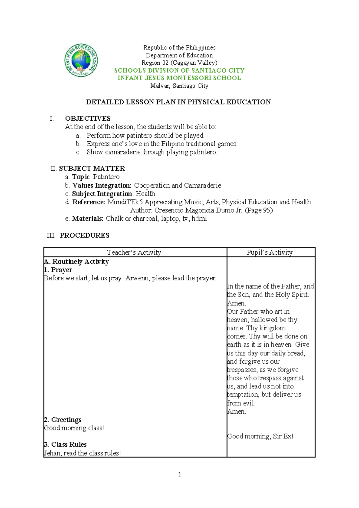 Detailed Lesson Plan in PE (Patintero) for Physical Education Class ...
