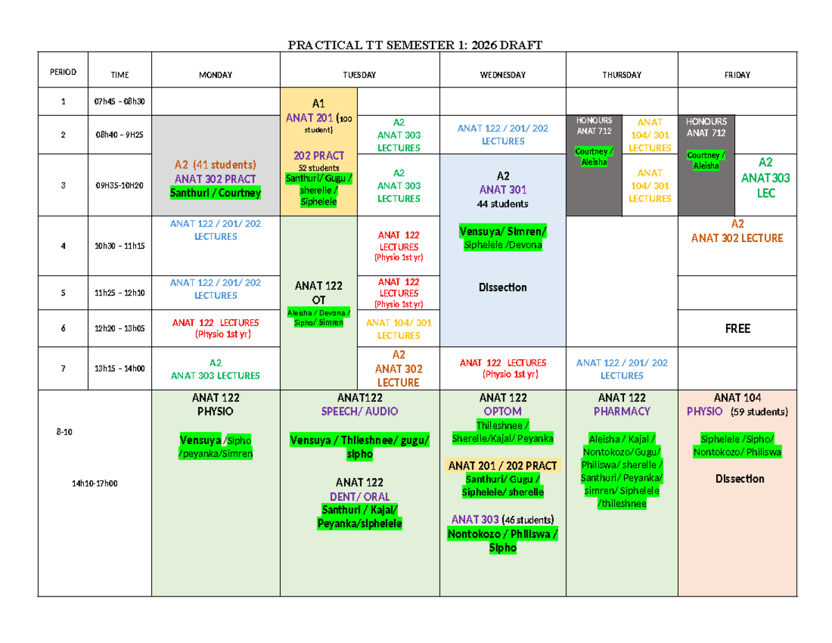Final Practical Timetable (TT) Semester 1 2026 - Studocu