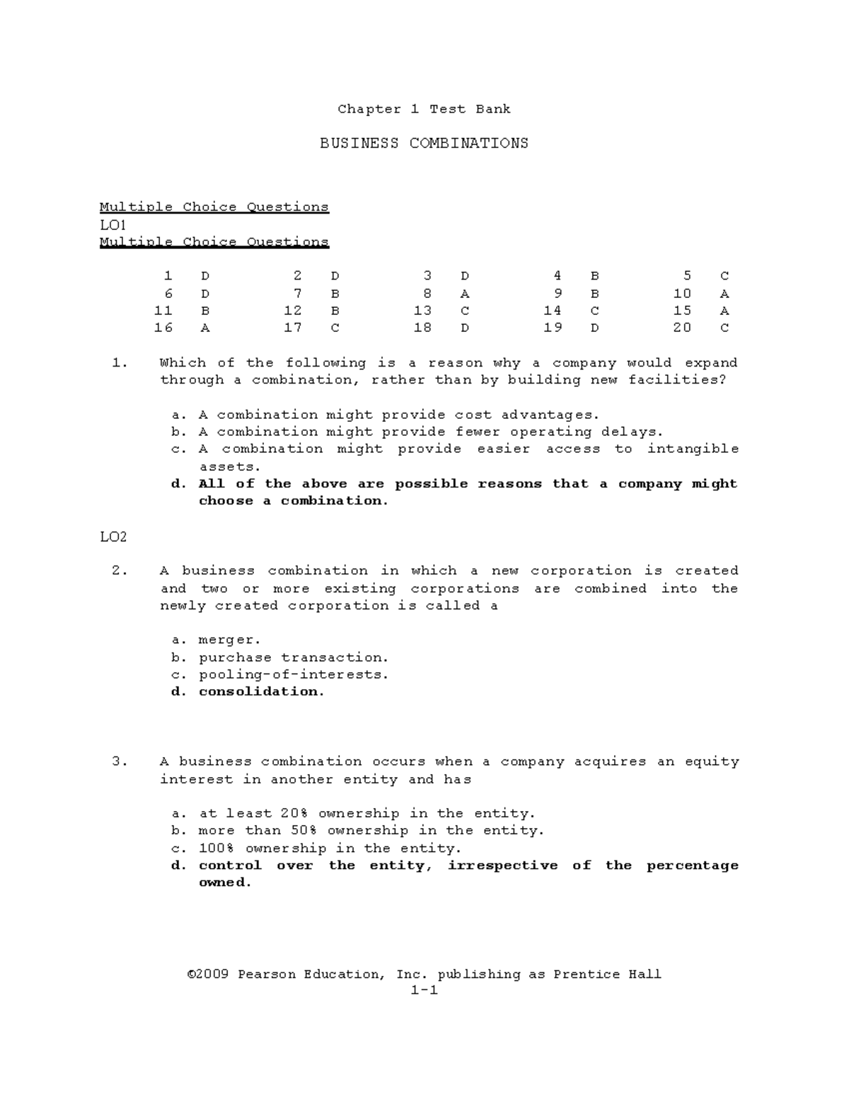 Chapter 1 test bank: Business combinations multiple choice questions ...