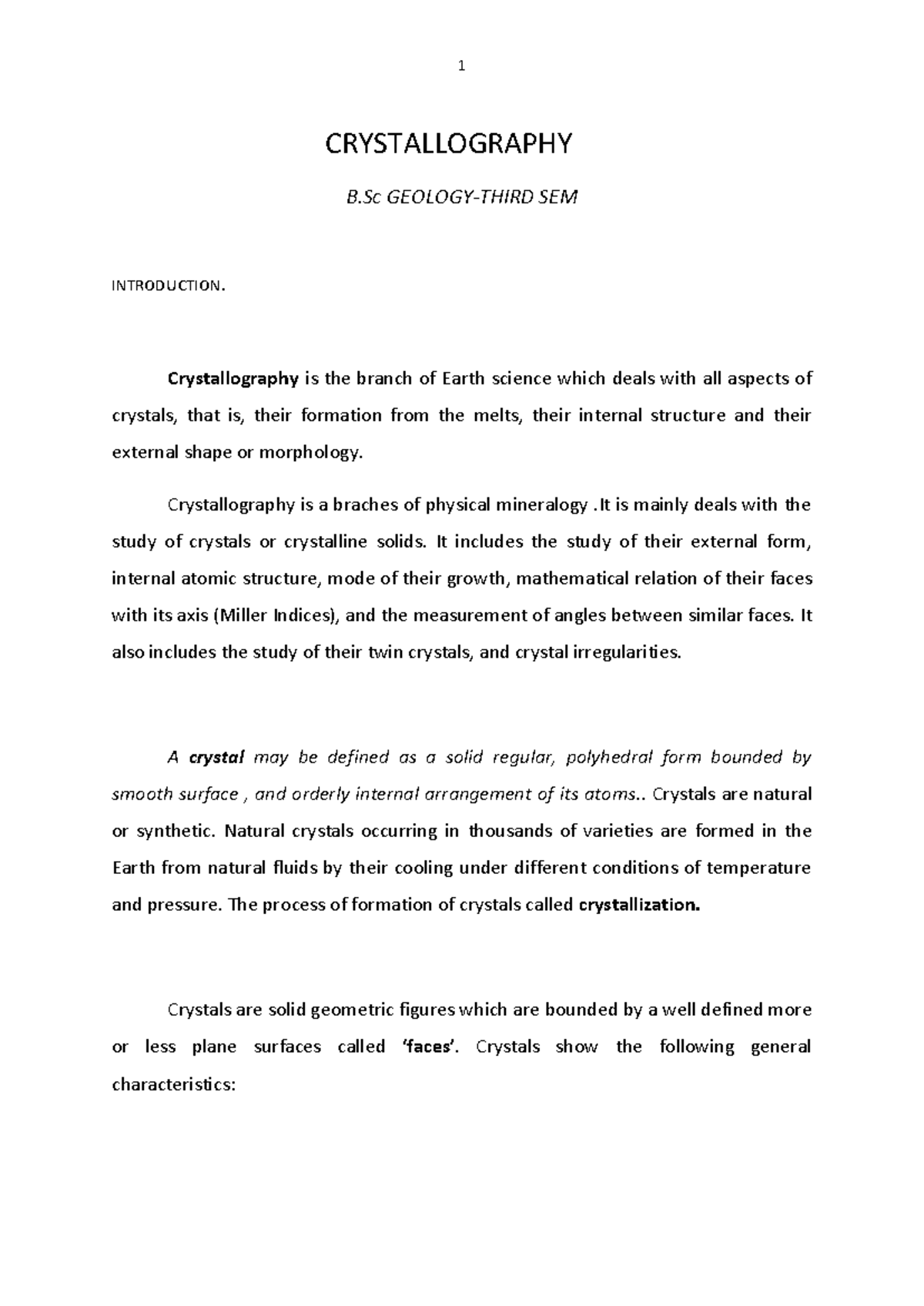 Geology III Semester: Crystallography Overview and Key Concepts - Studocu