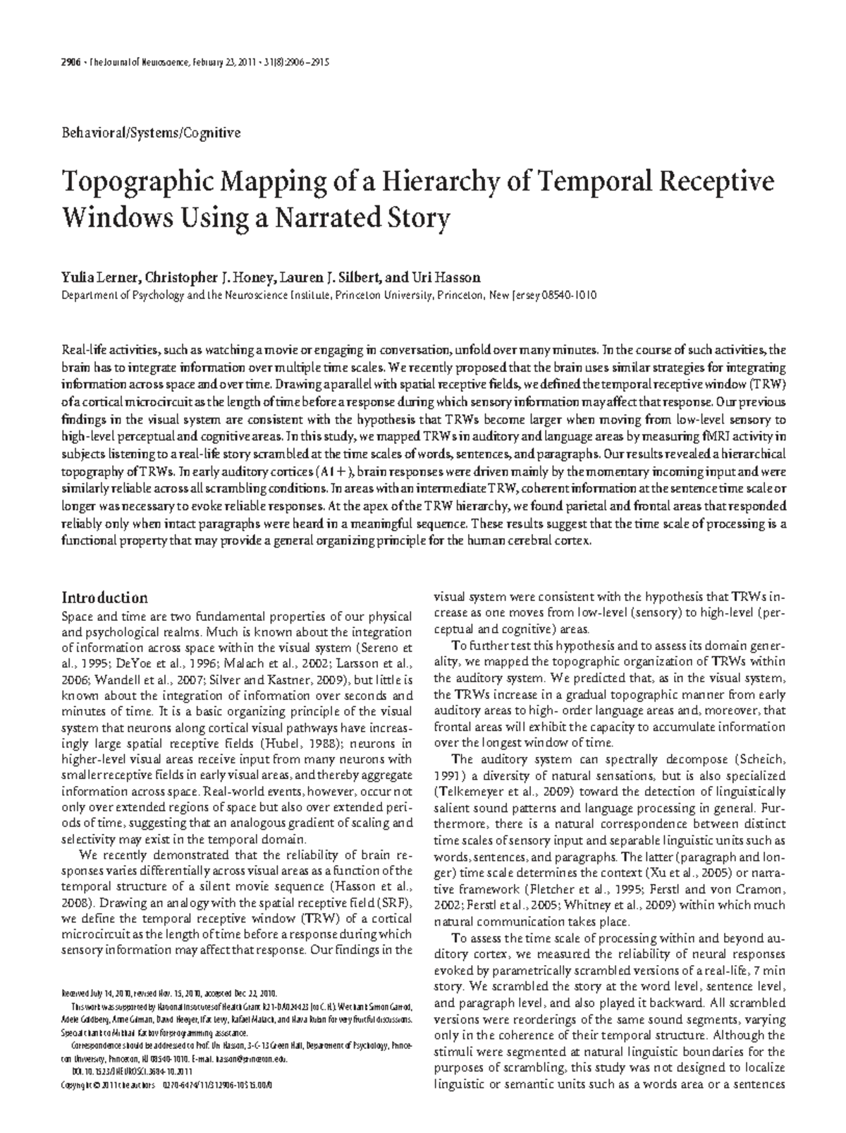 2906 J. Neurosci. (2011) - Topographic Mapping of Temporal Receptive ...